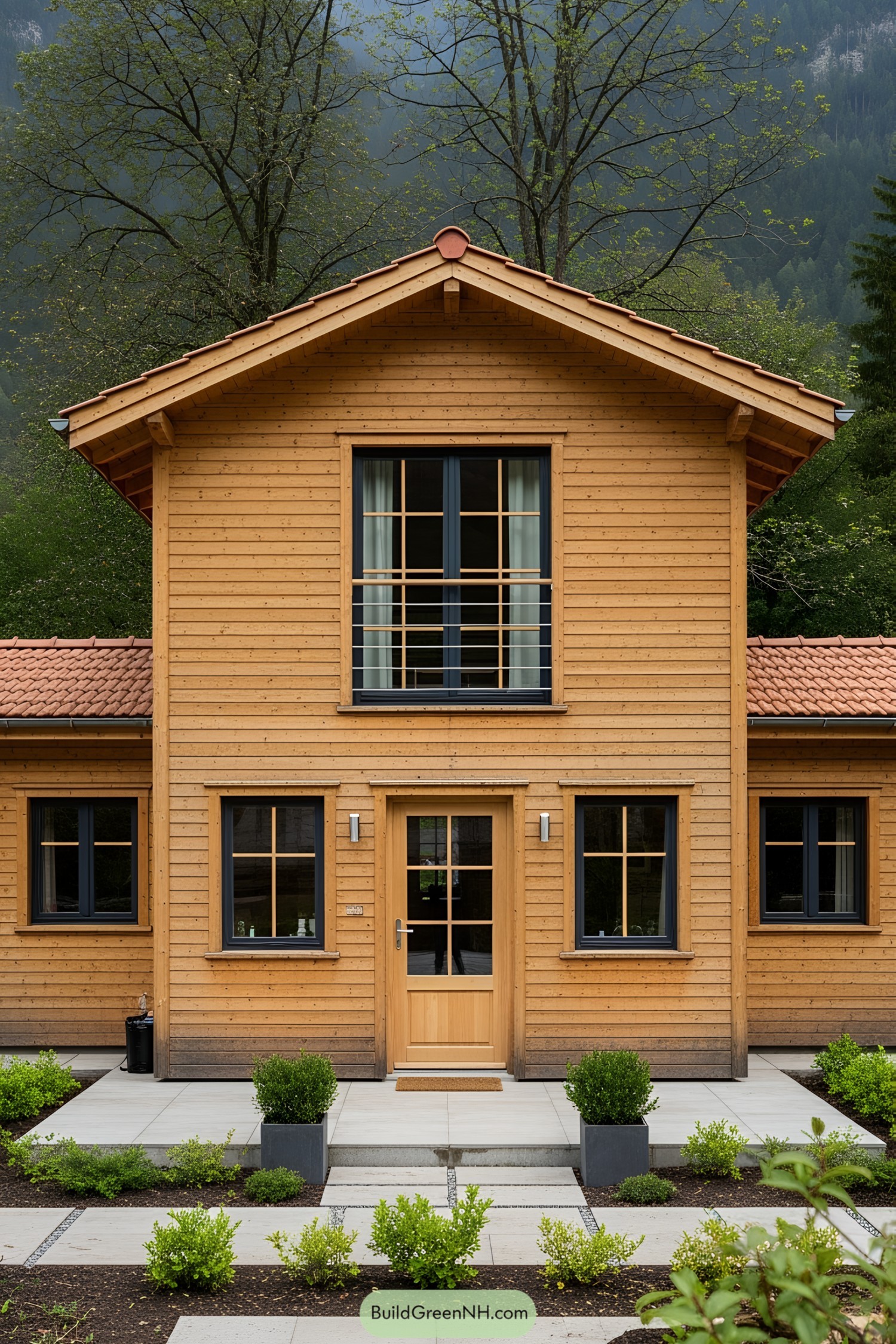 Wooden village house with a red-tiled roof