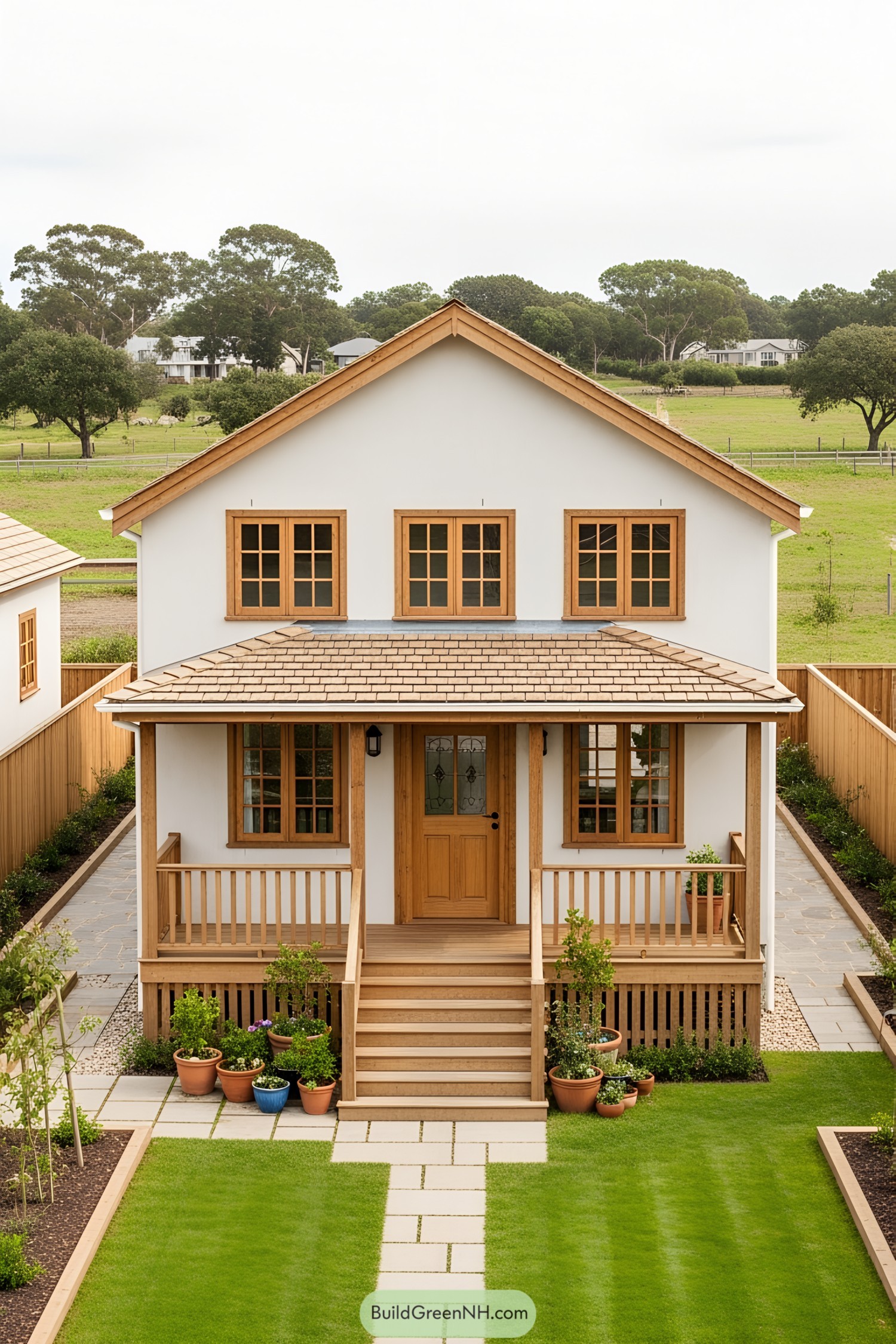 Small two-story house with a charming porch and lush garden