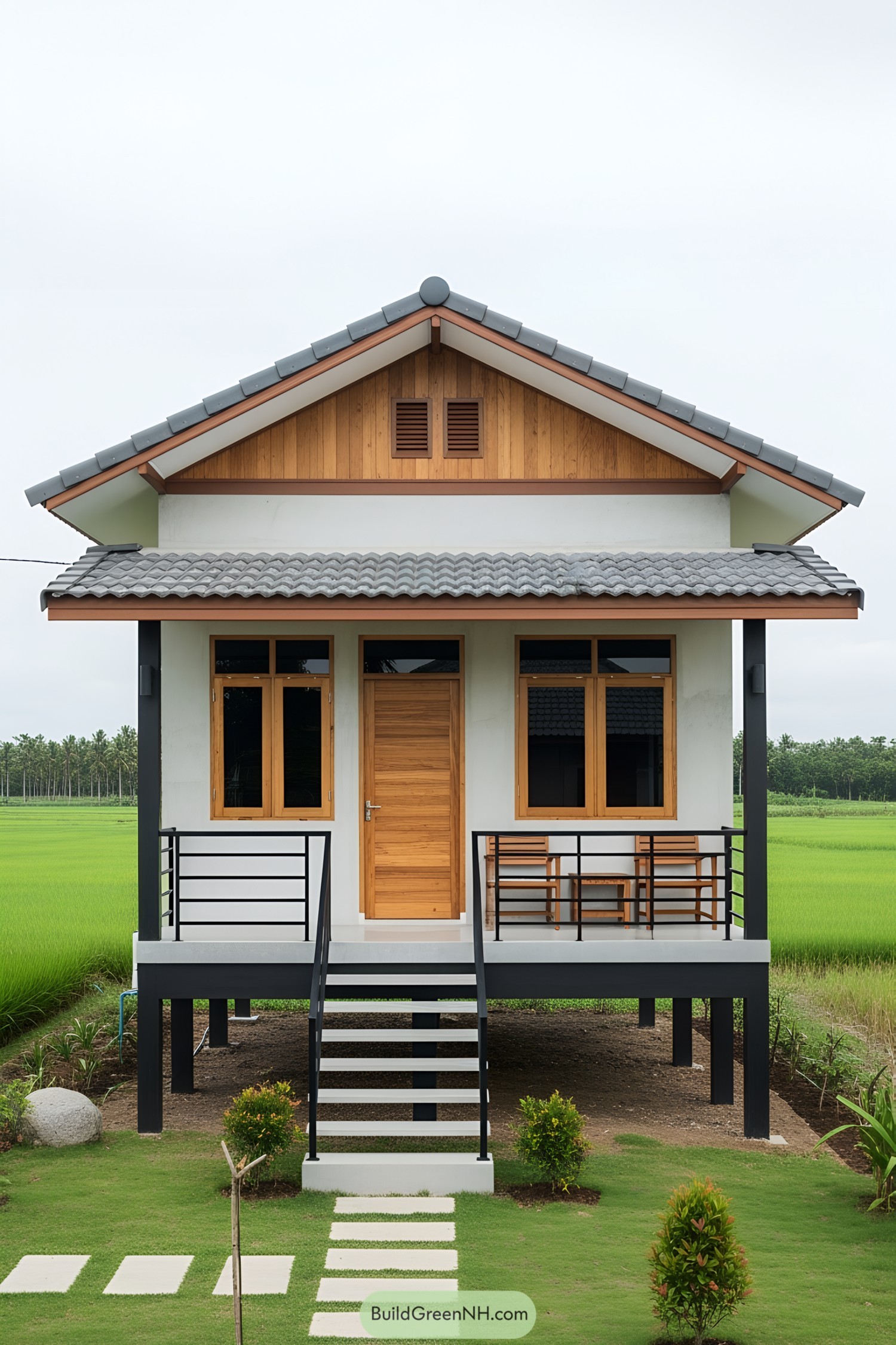 Elevated cottage with wooden accents and a front porch