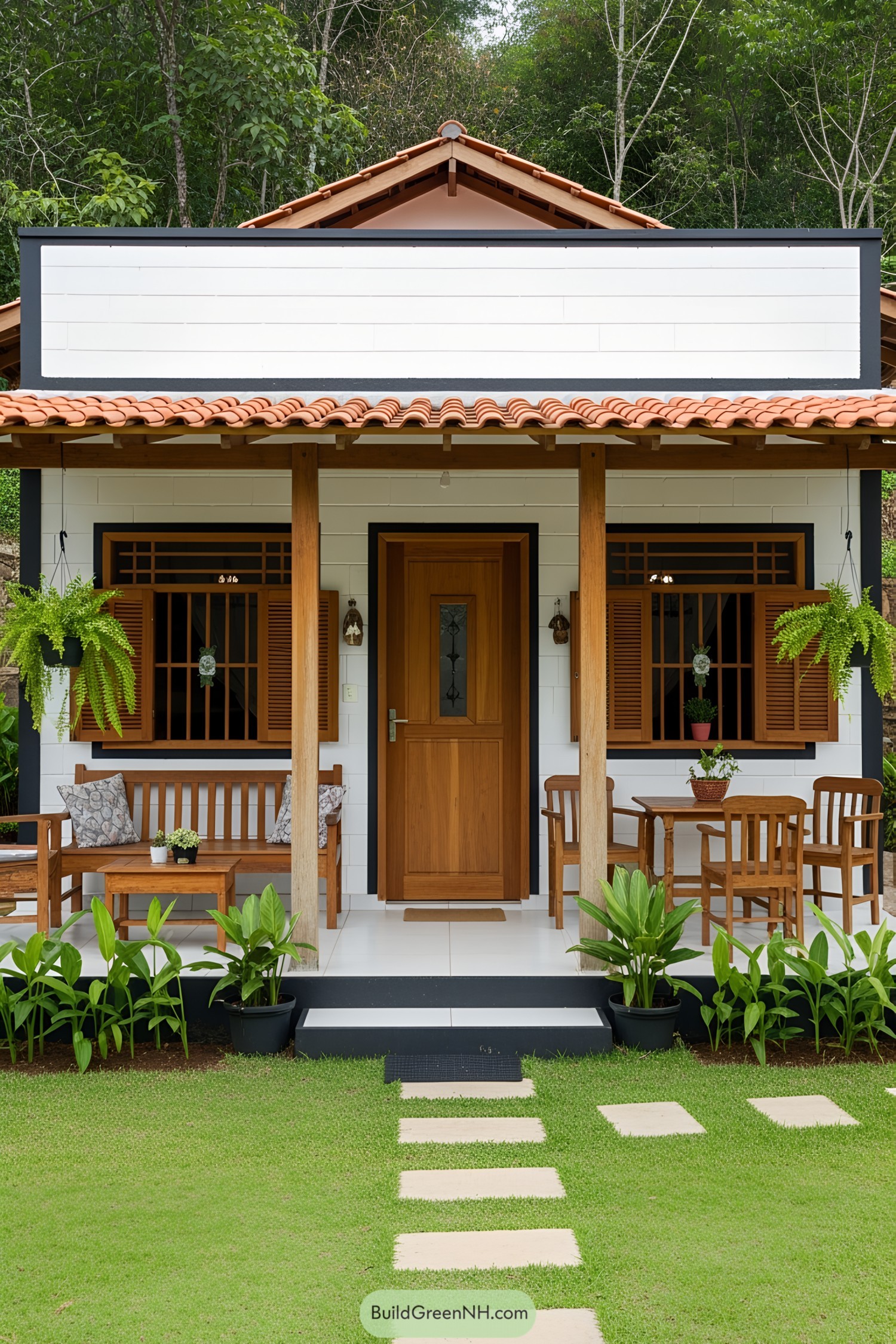 Charming small house with a tiled roof and inviting porch