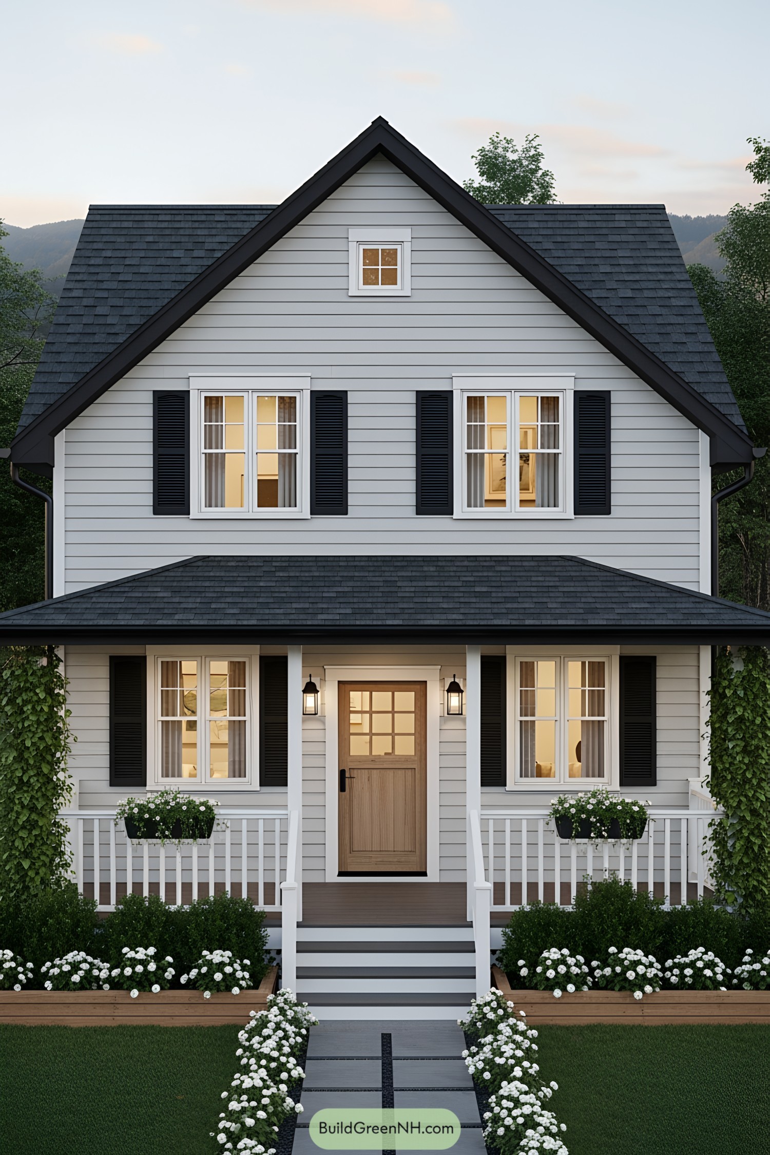 Charming two-story house with a welcoming porch and dark shutters