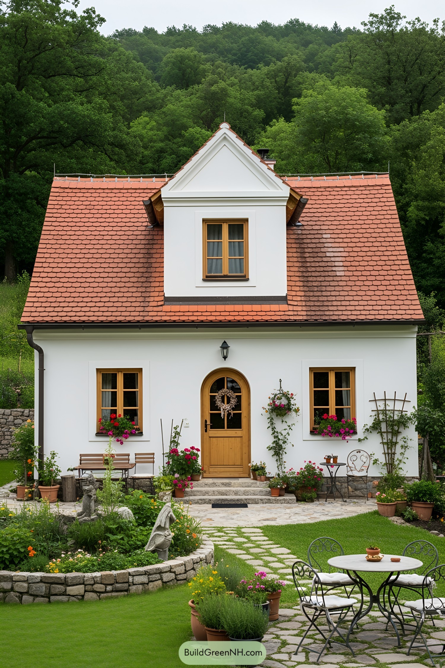 Cozy cottage with a red-tiled roof and lush garden