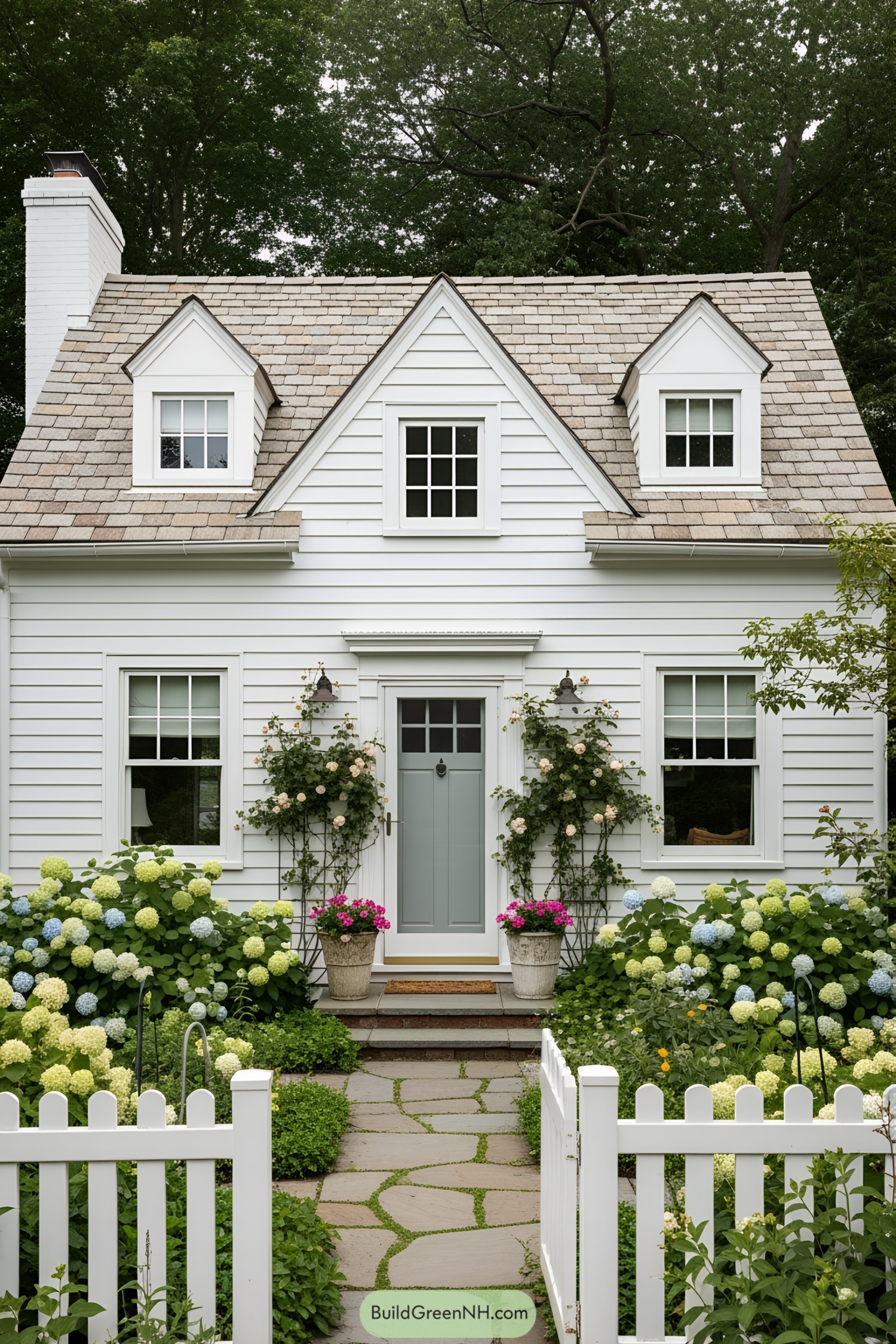 Small white house with lush garden and picket fence