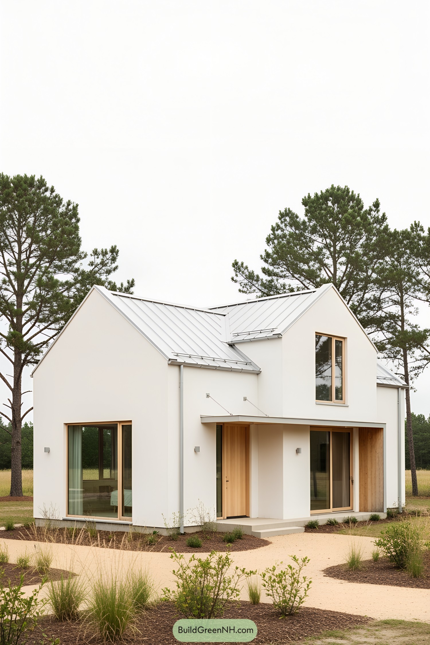 Small modern white house with large windows, surrounded by trees