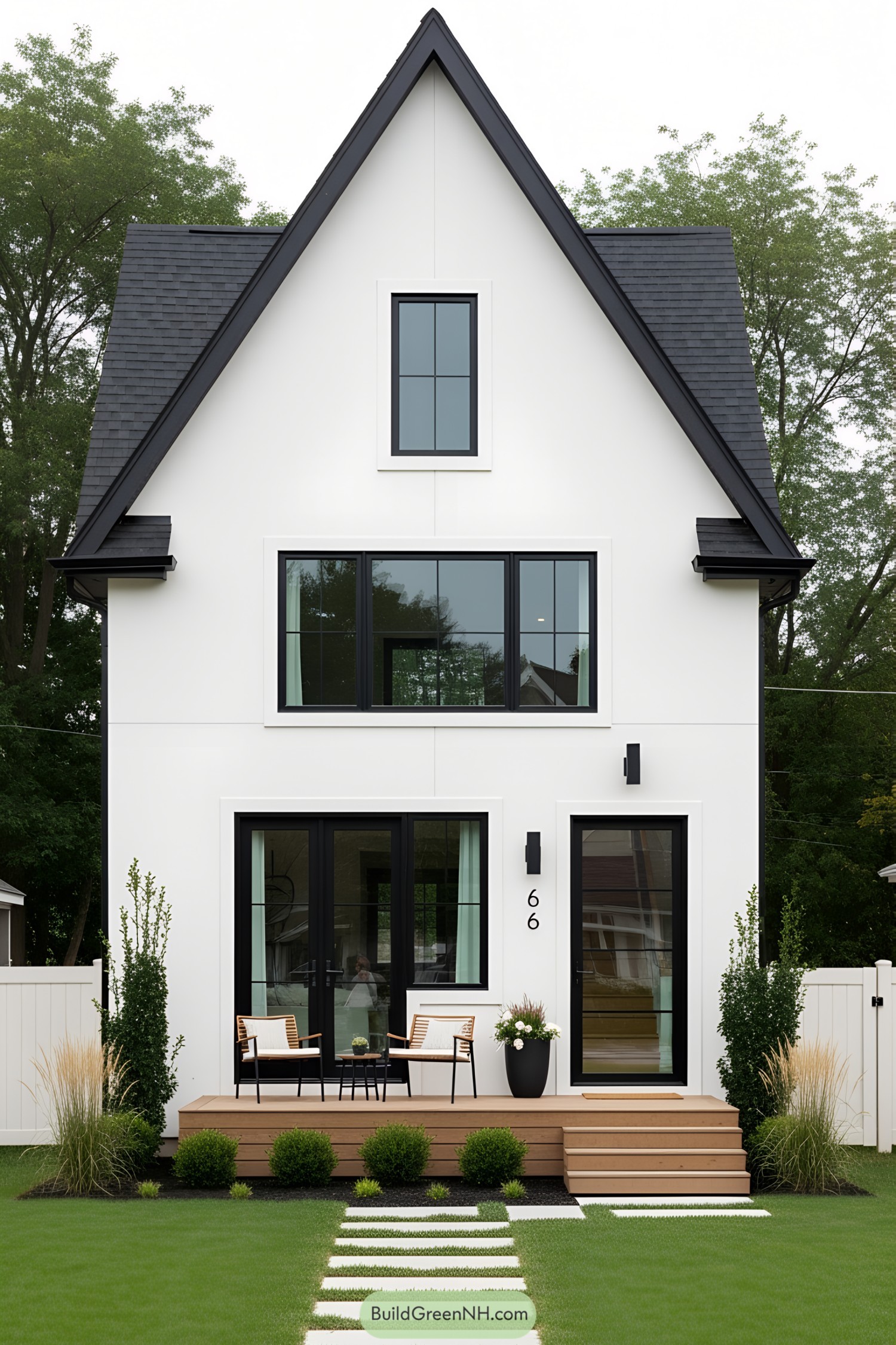 Quaint white house with sleek black trim