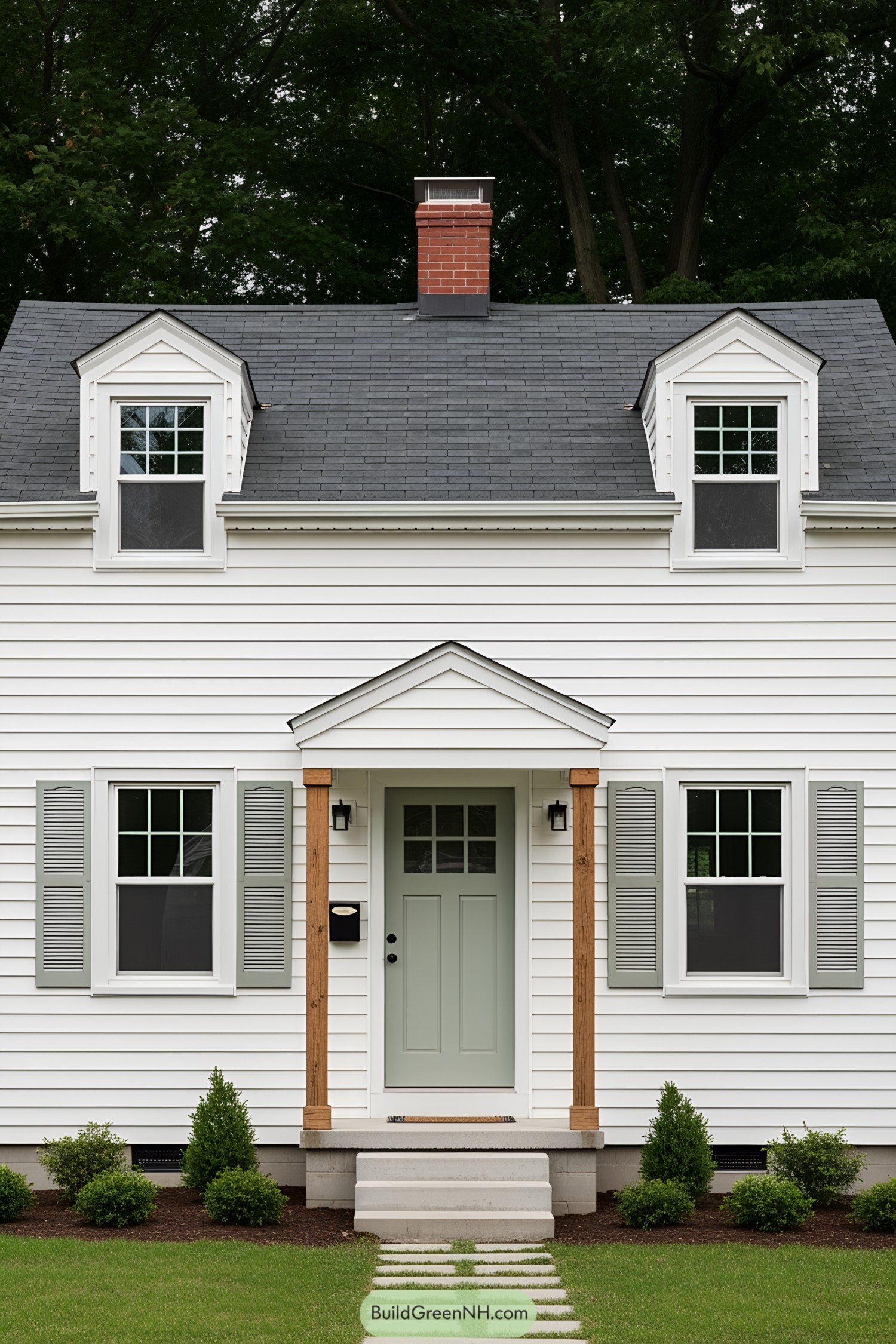 Cozy white house with dormer windows and a charming front door