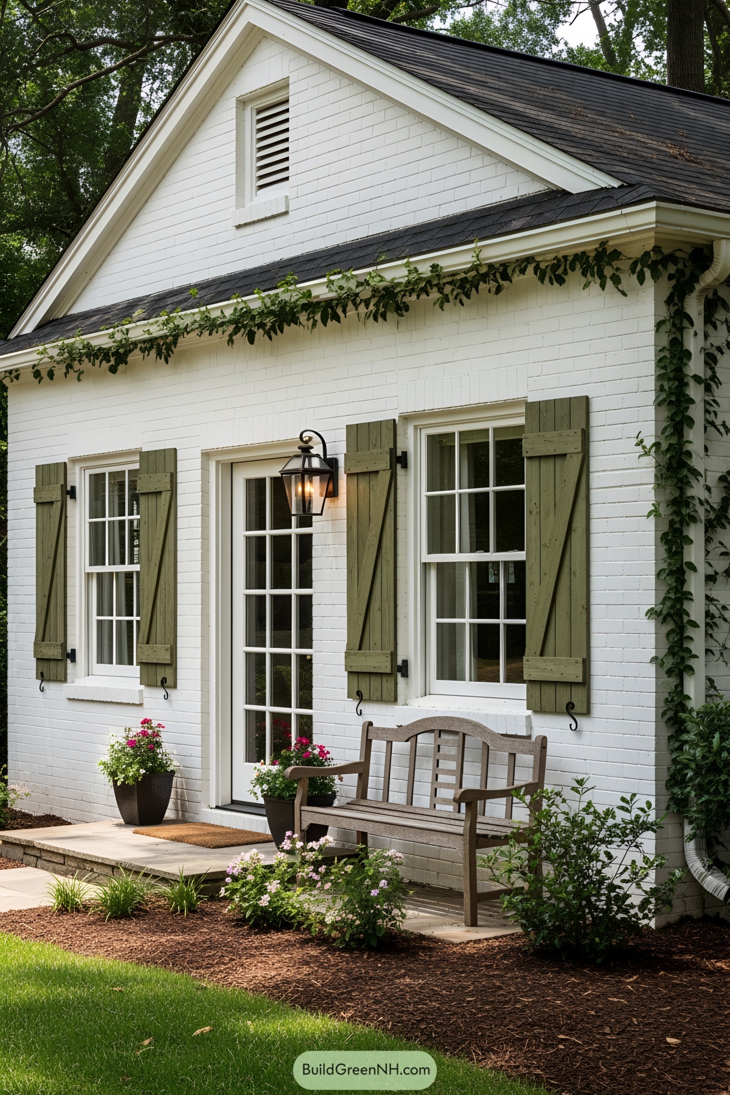 Cozy white house with a touch of greenery