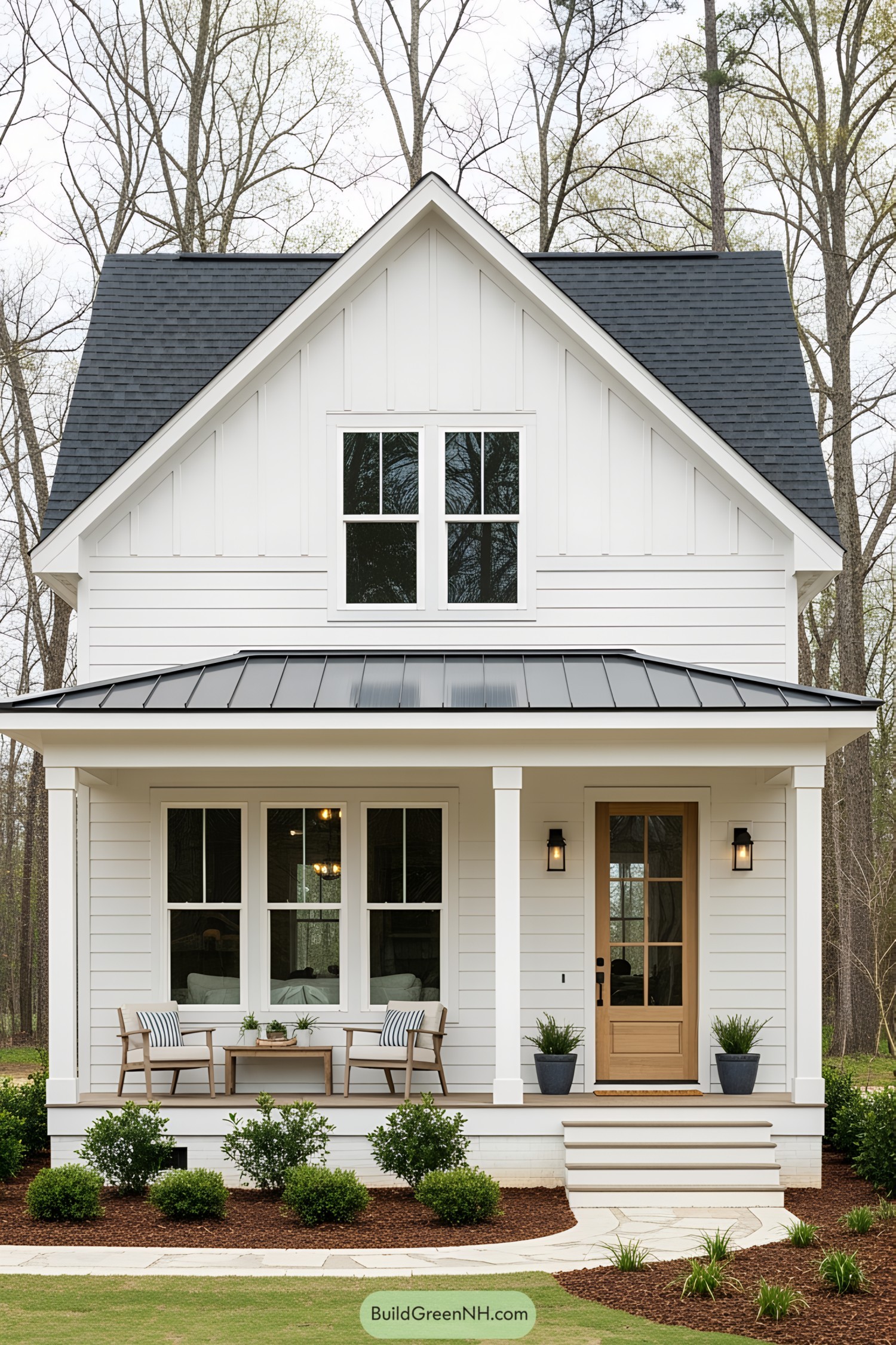 Charming small white house with a cozy porch