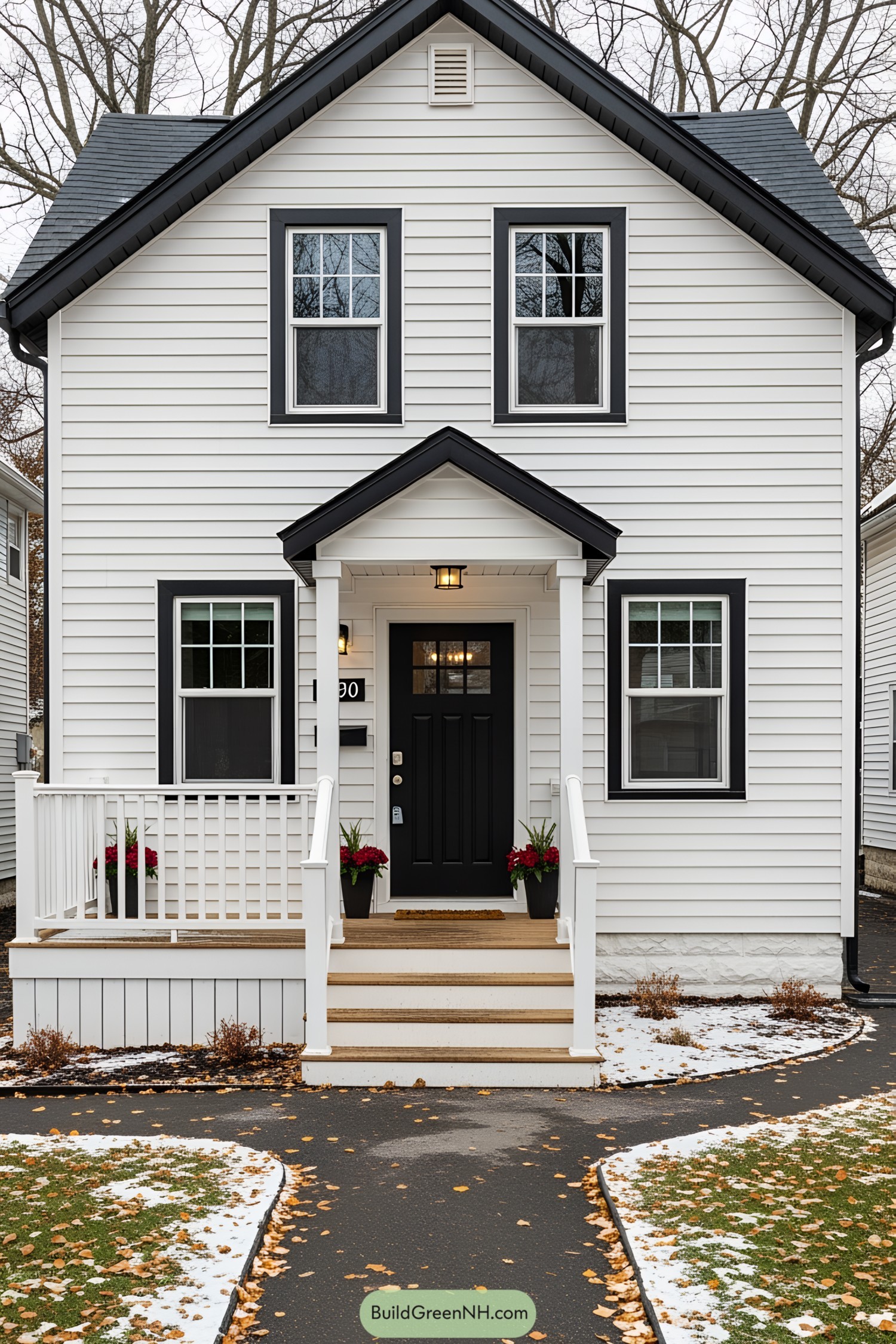 Charming white house with black accents and a cozy porch