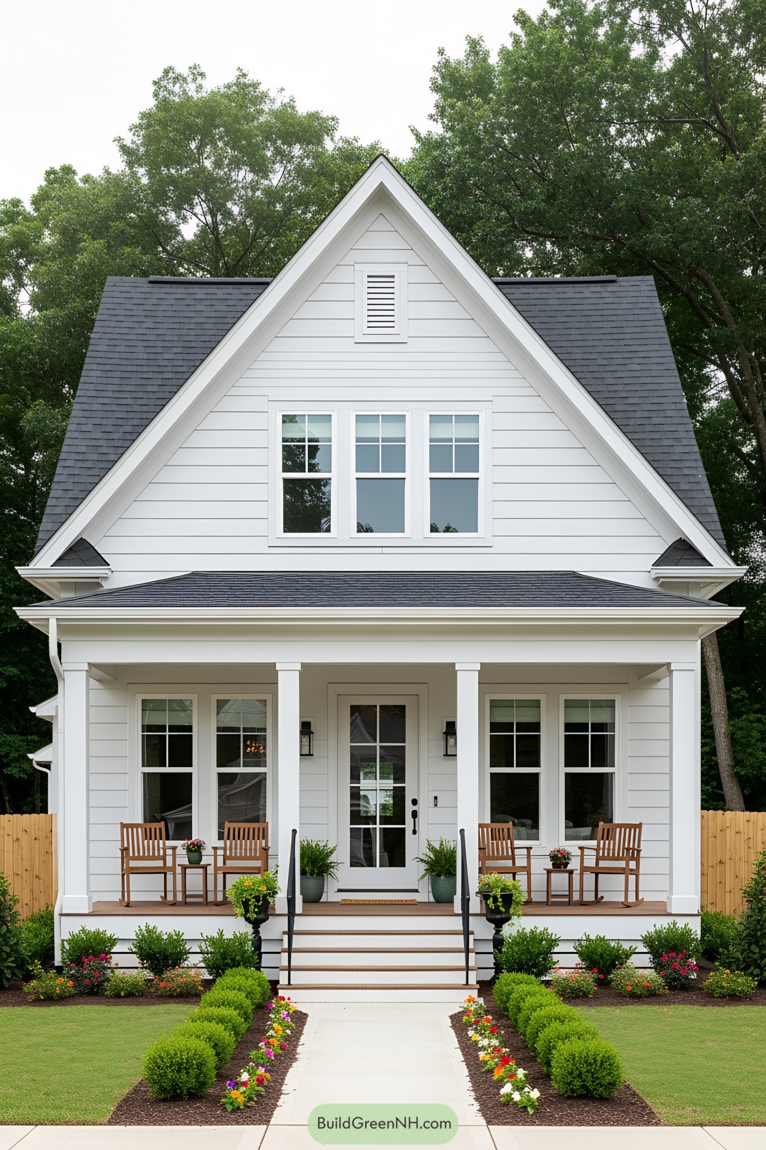 White house with a front porch and manicured garden