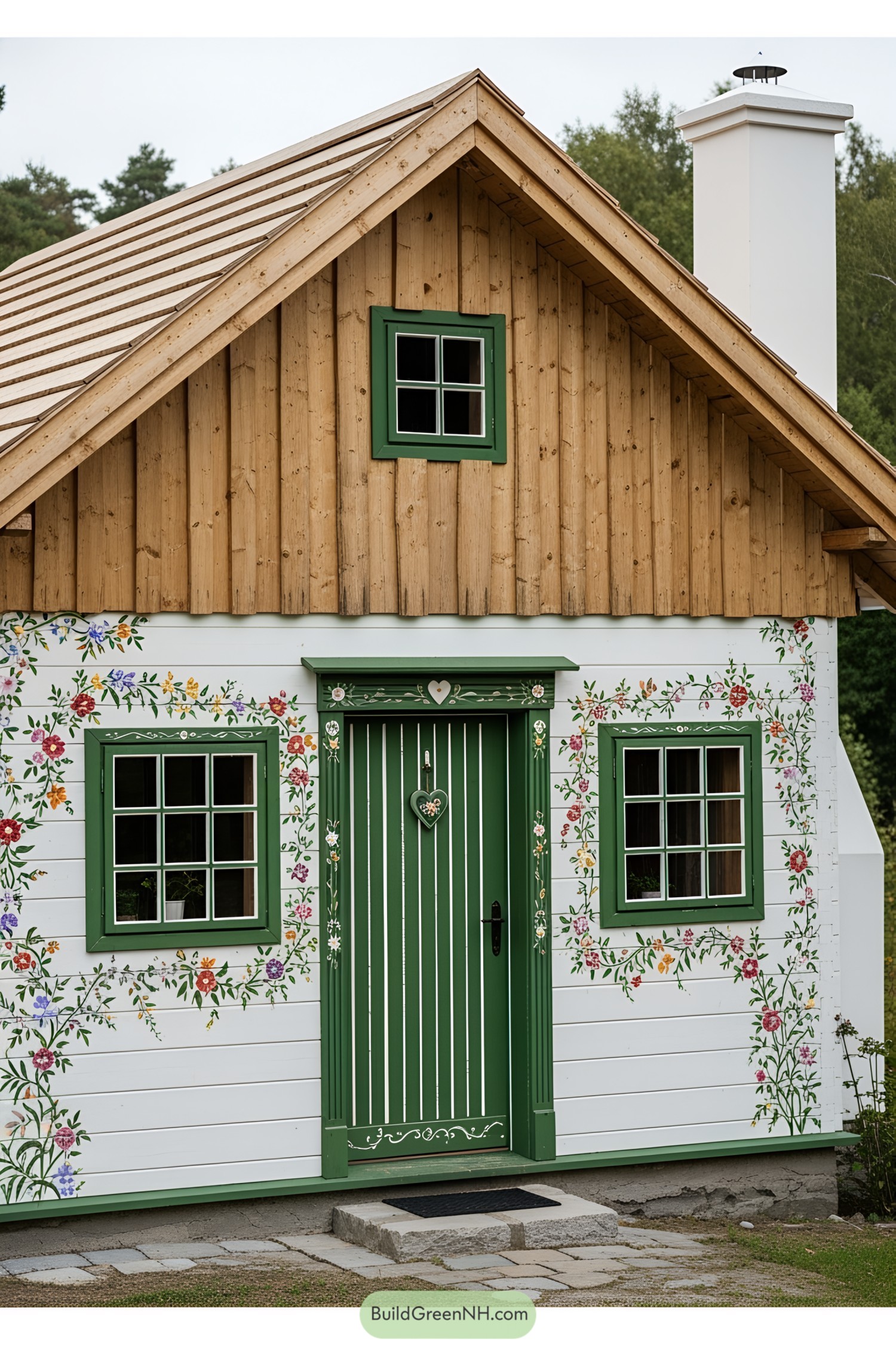 Whimsical wooden house adorned with floral designs and a green door