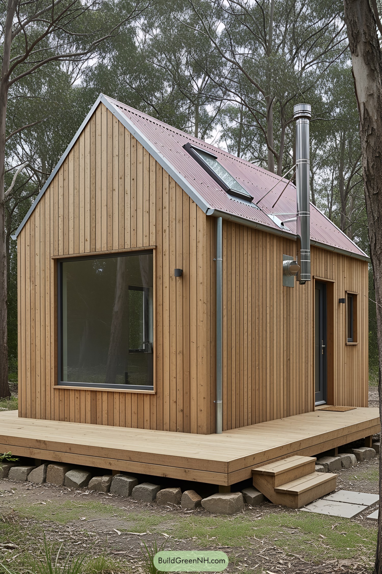 Small wooden house with metal chimney and large window