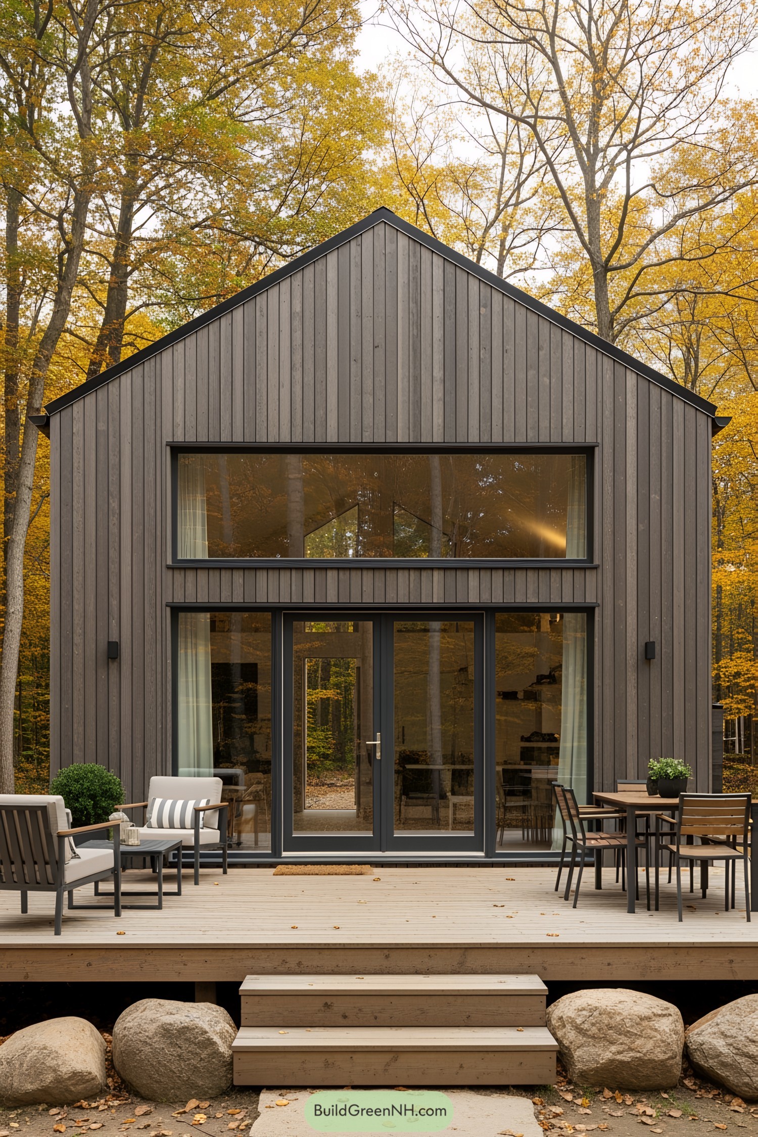 Wooden house nestled in a forest setting