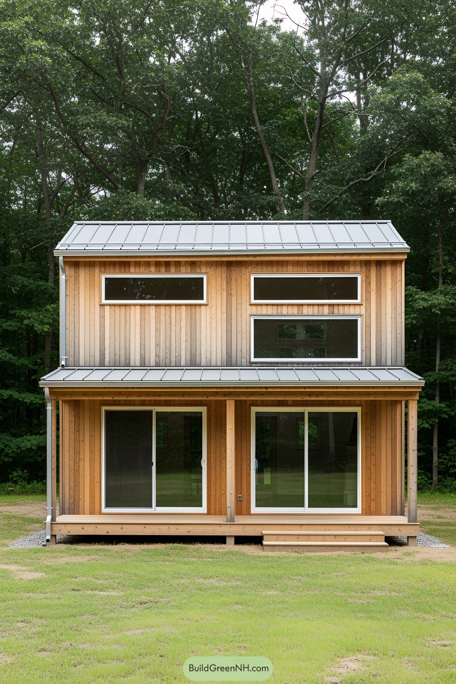 Compact wooden house nestled in the woods with modern design