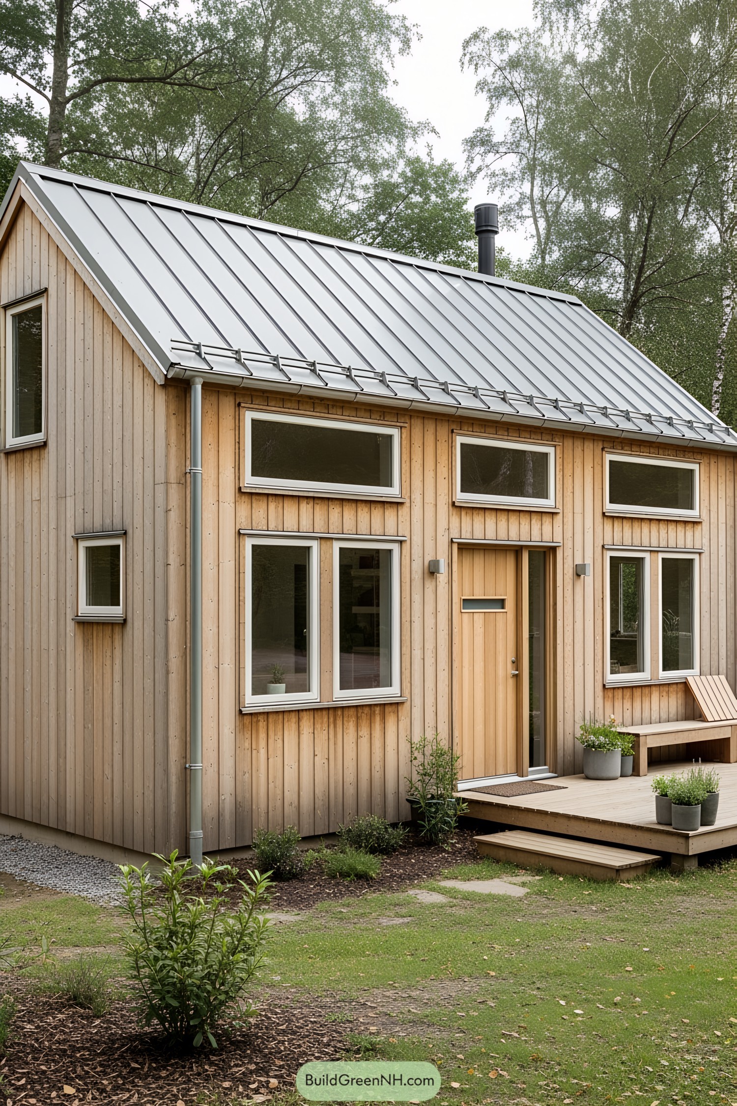 Compact wooden cabin with a metal roof