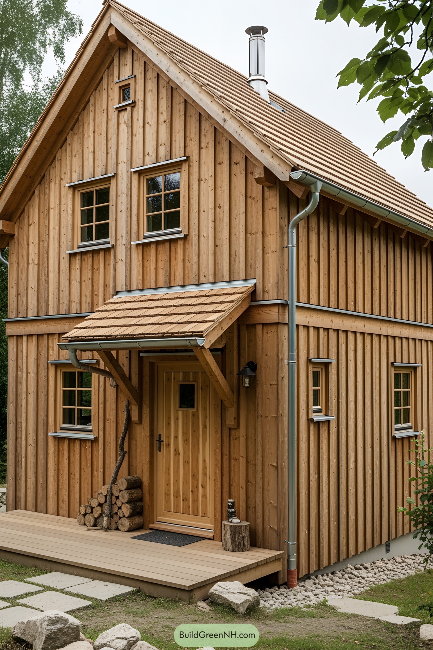 A cozy wooden house with a welcoming porch