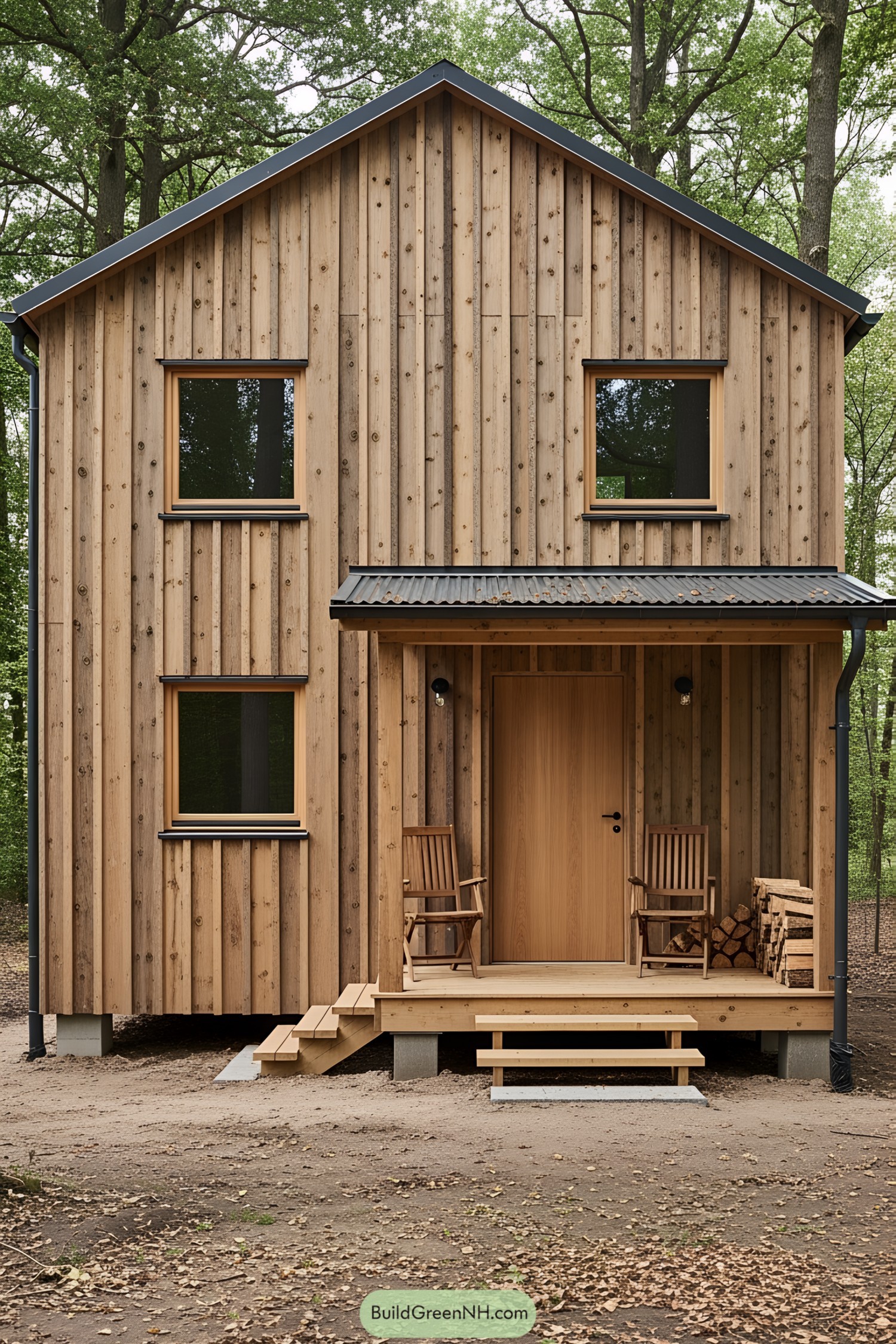 Compact wooden house with porch and chairs