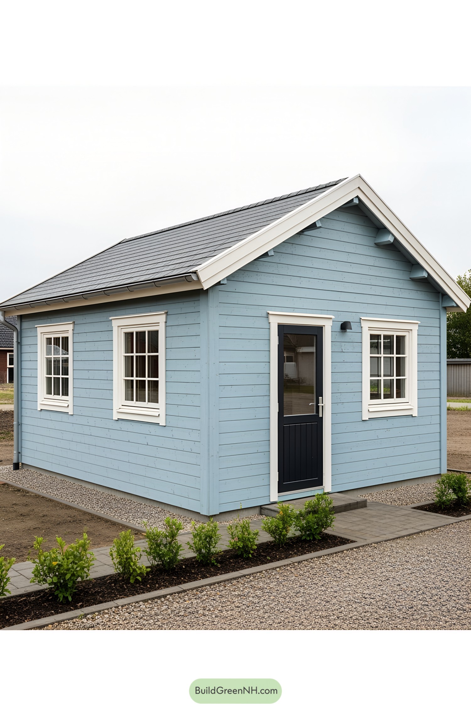 A small blue wooden house with white trim and a black door