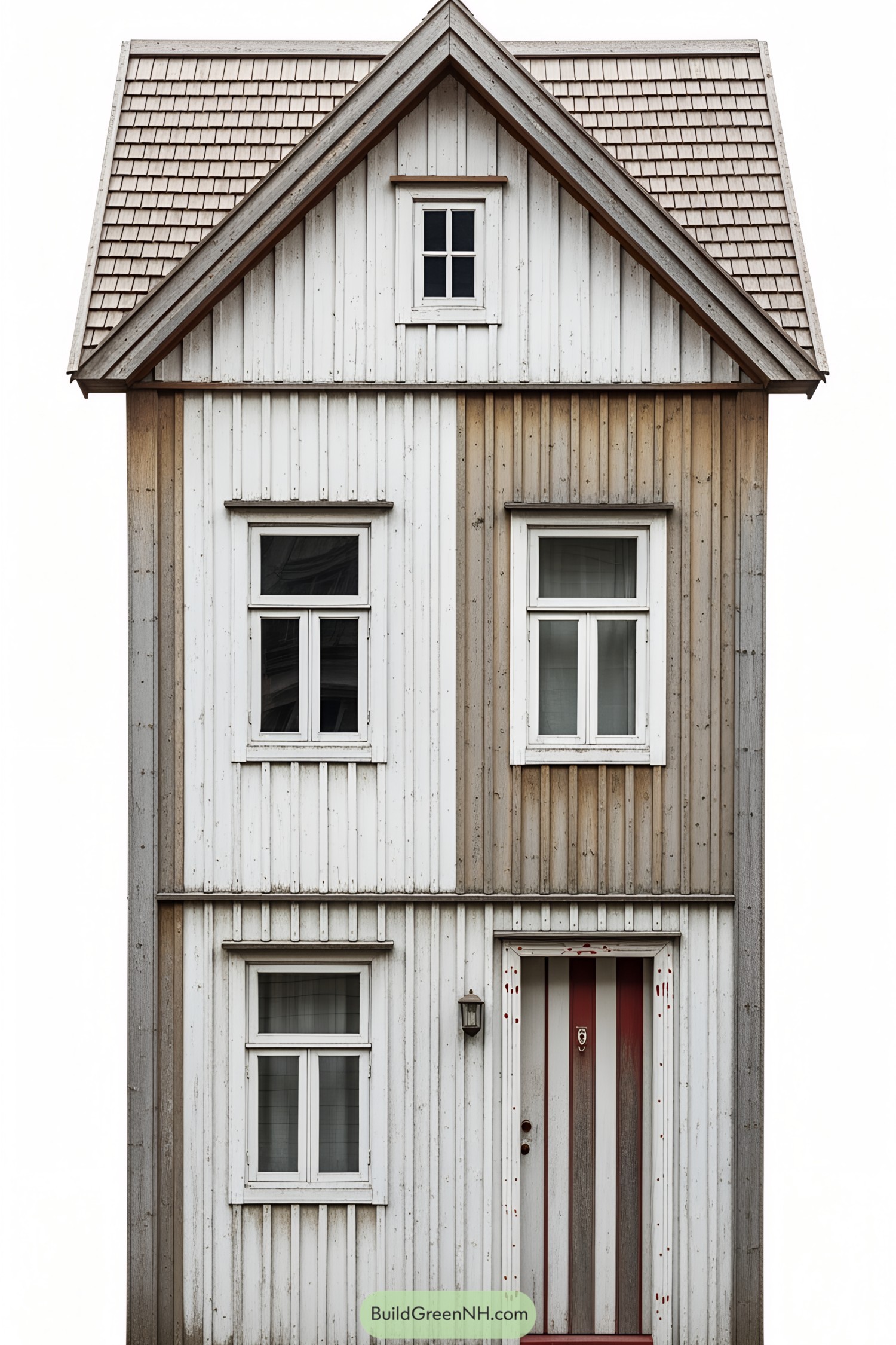 Tall wooden house with a gable roof and striped door