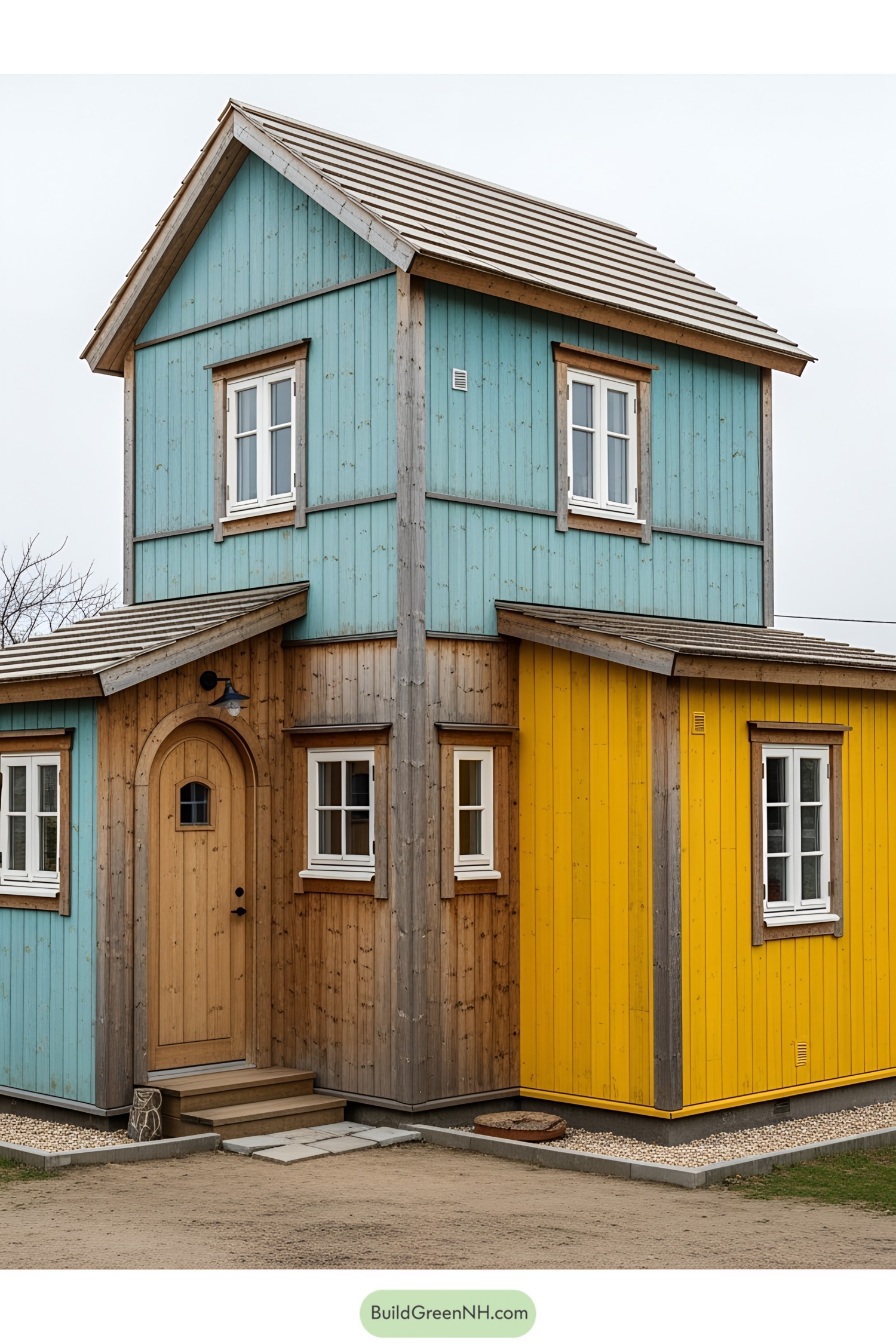 Colorful wooden house with yellow and blue panels