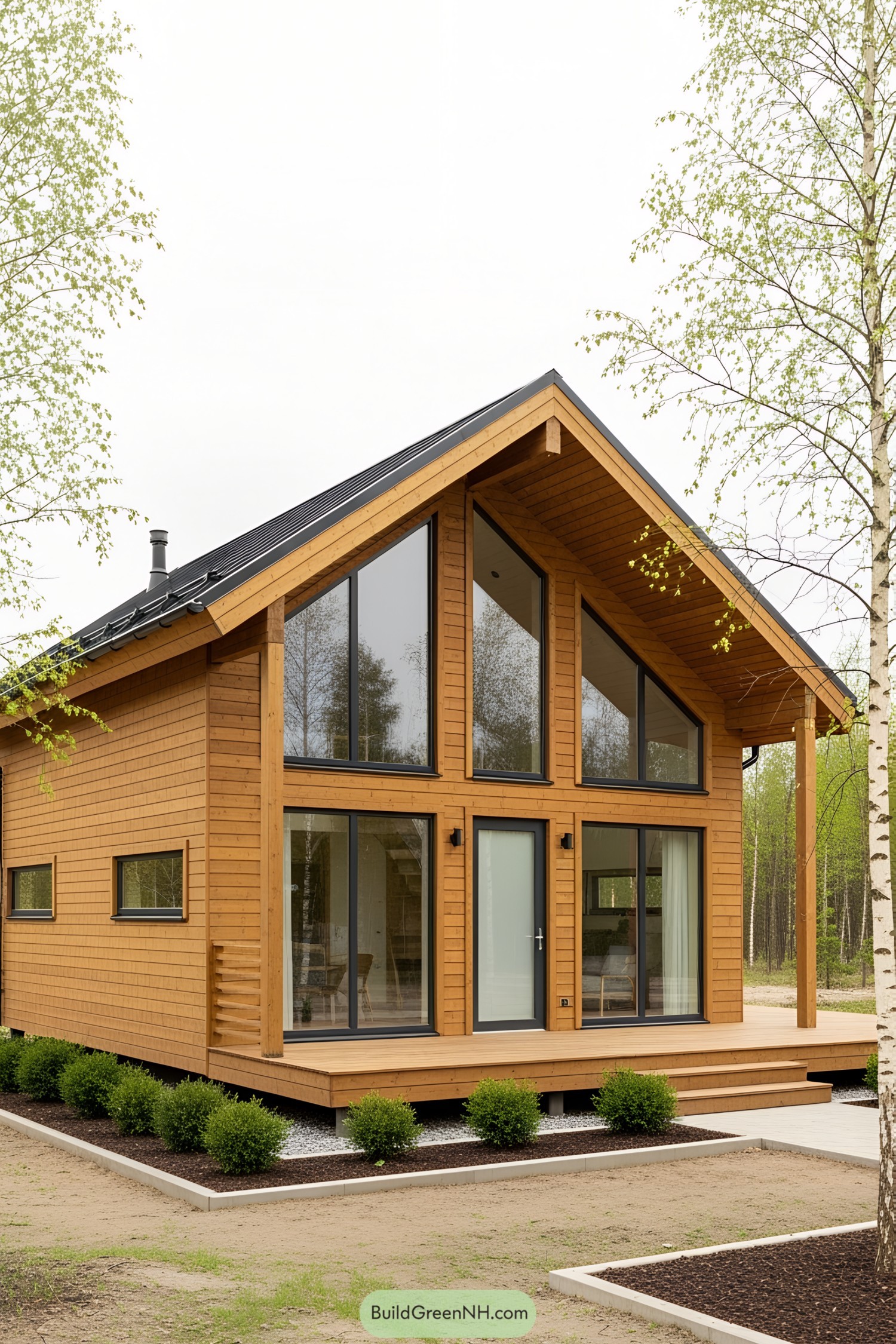 Contemporary wooden house with large windows and a pitched roof