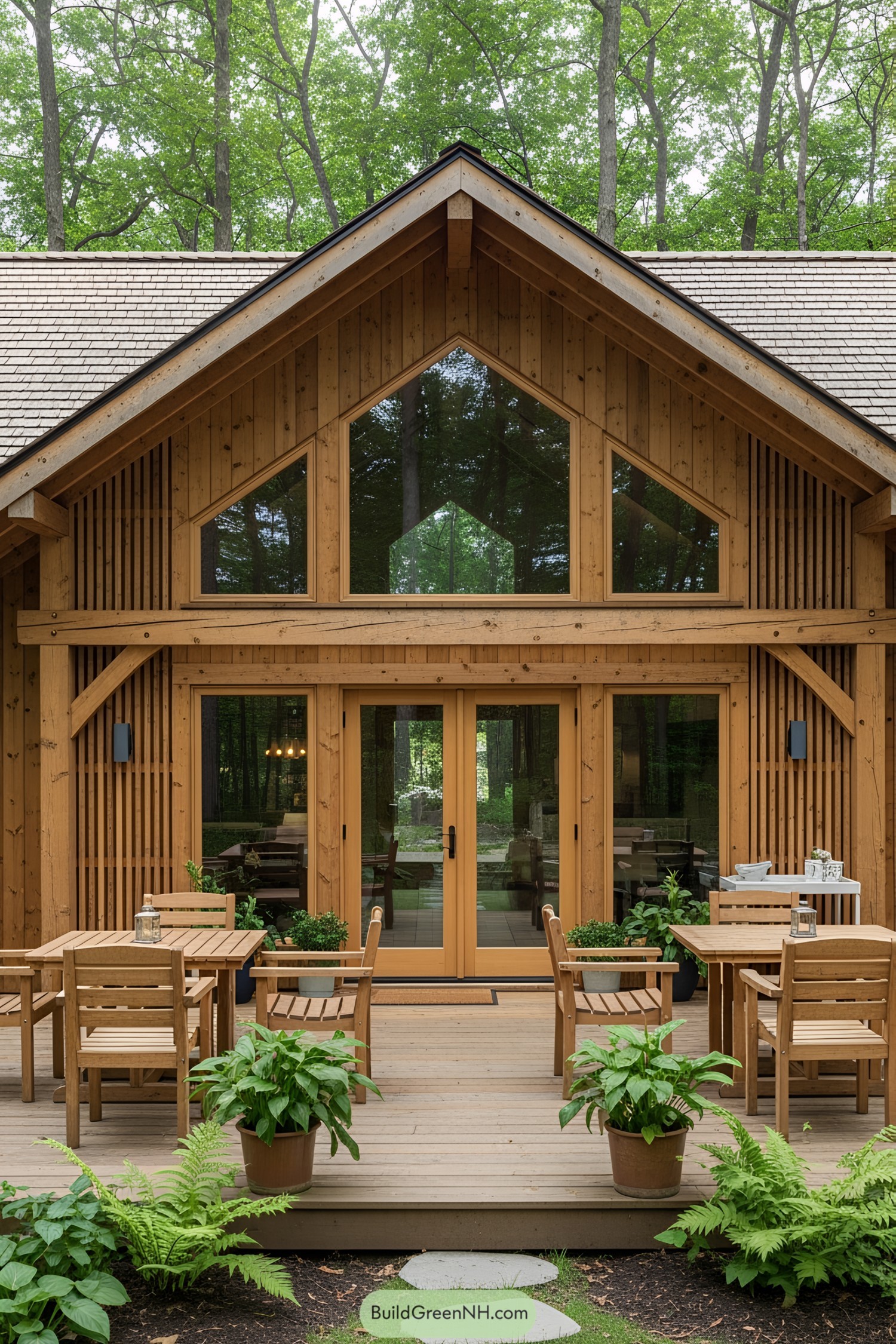 A charming wooden house with a cozy patio