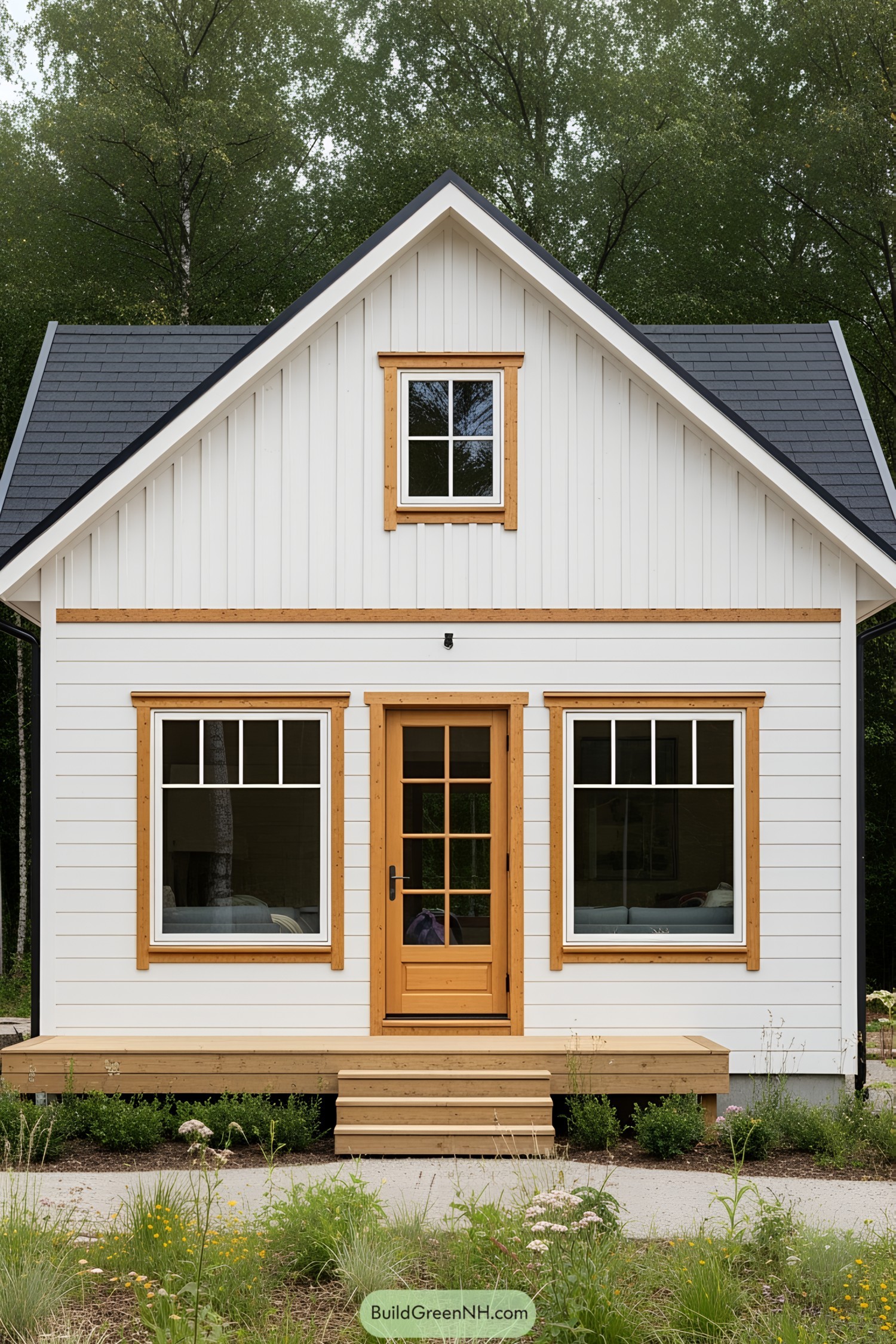 Small white wooden house with wooden trim and a small porch