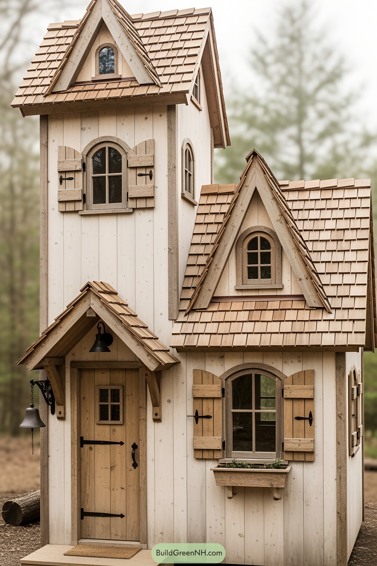 Charming small wooden house with peaked roofs and shutters