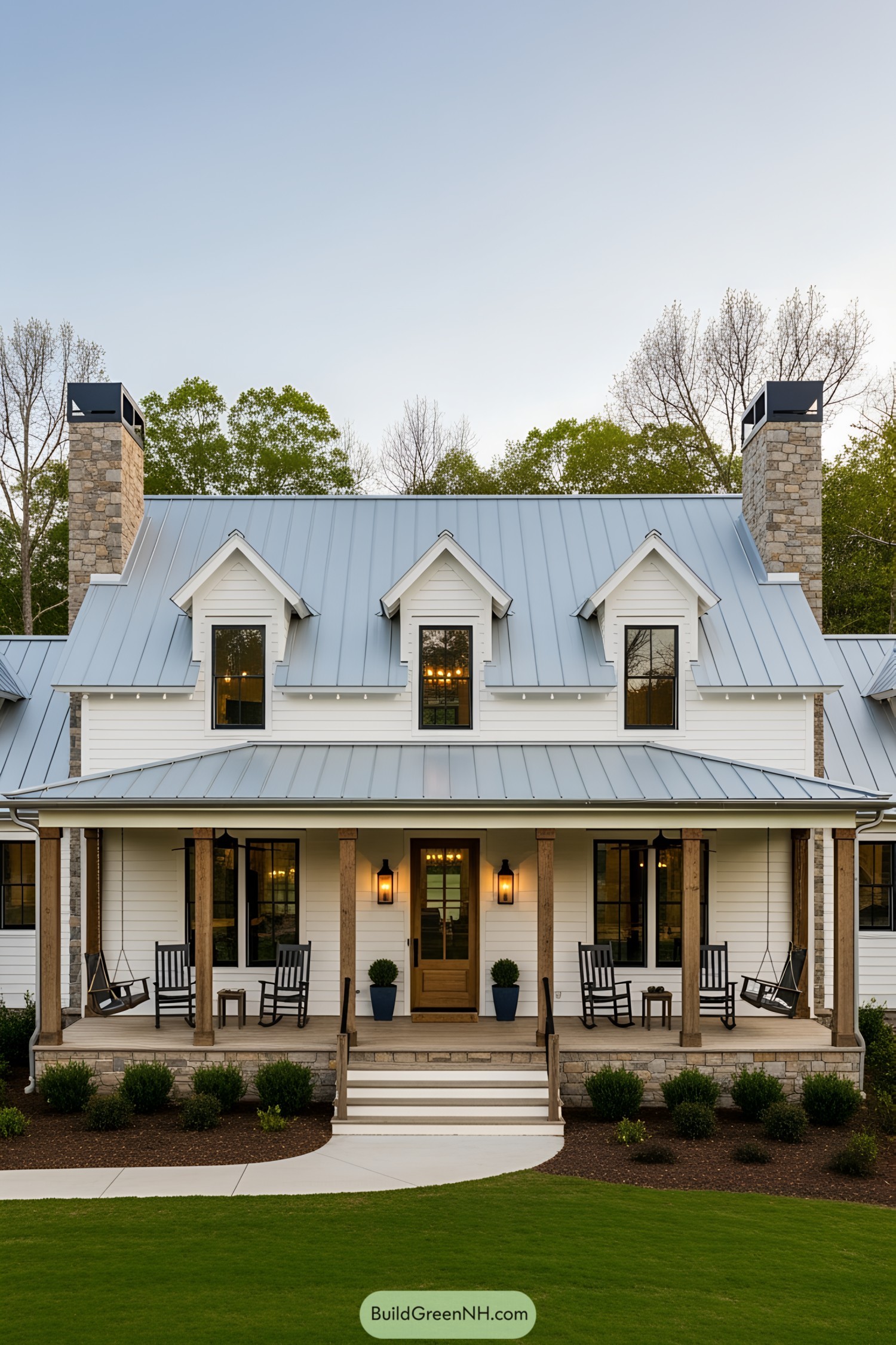 A large farmhouse with wooden porch pillars and dormer windows