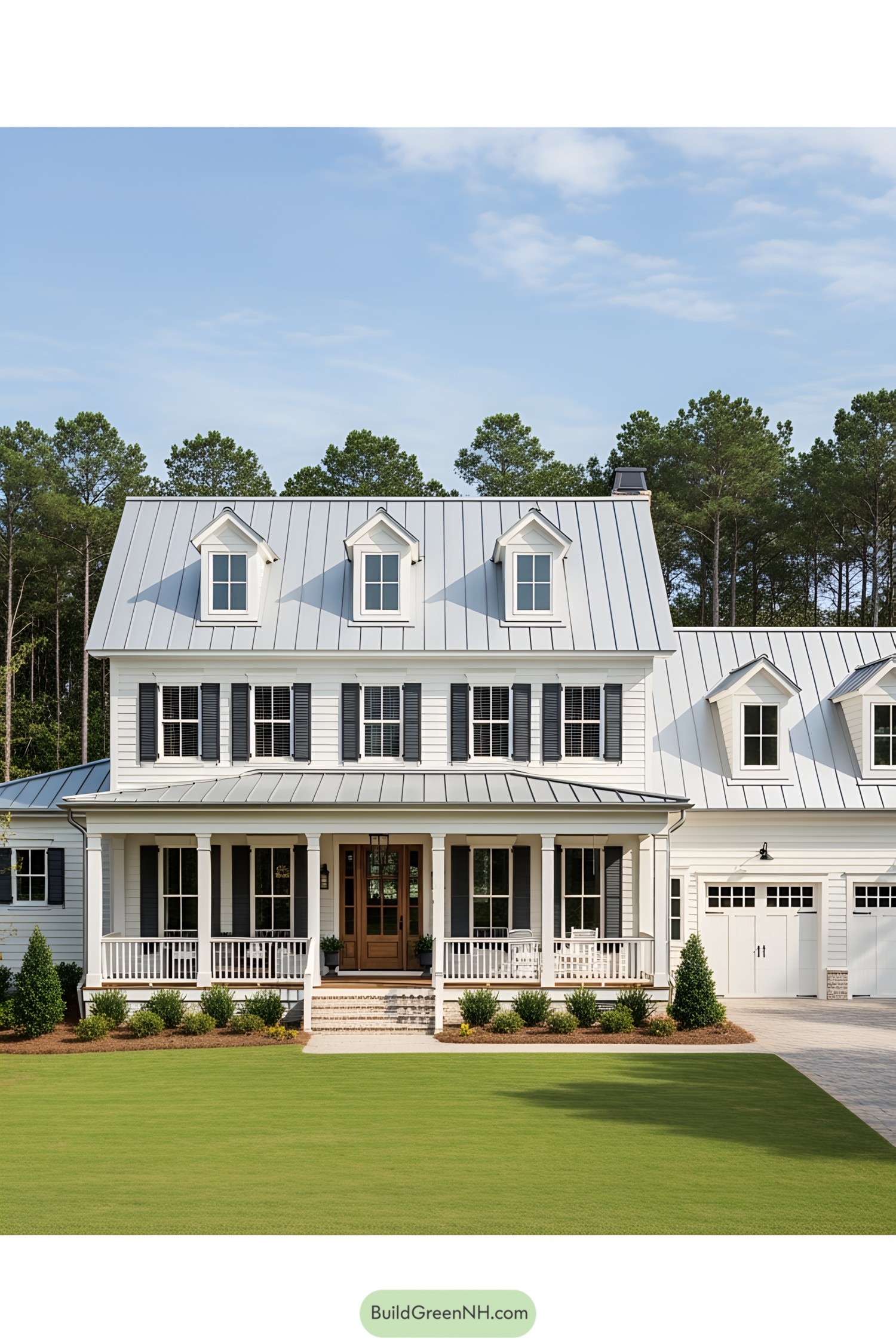 White farmhouse with dormer windows and a wide porch