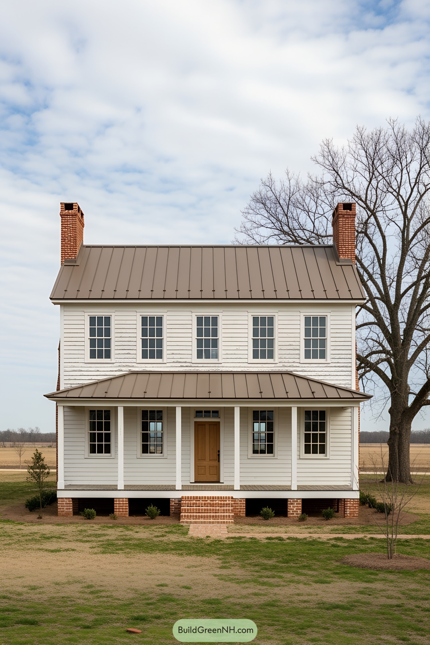 White farmhouse with a charming porch and brick accents