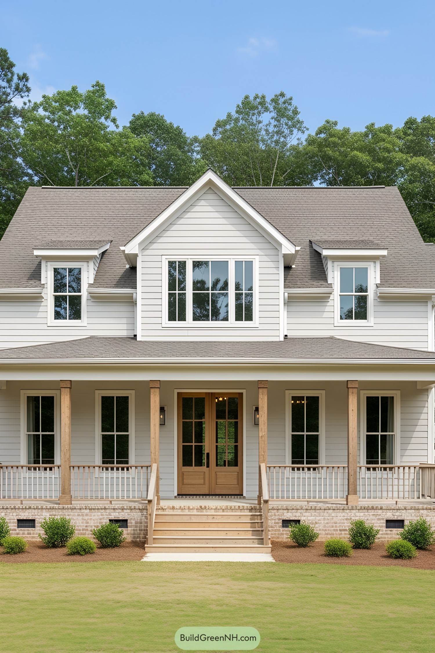 Elegant farmhouse with a welcoming porch