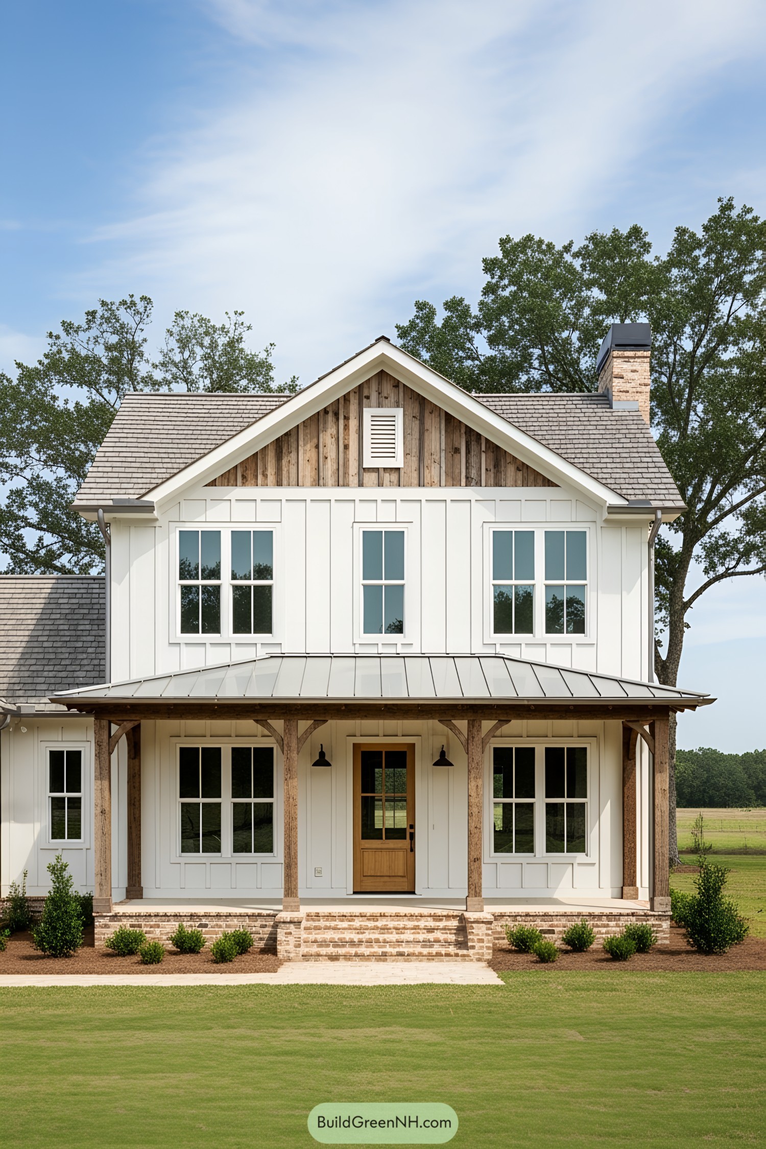 Southern farmhouse with rustic wooden accents and cozy porch