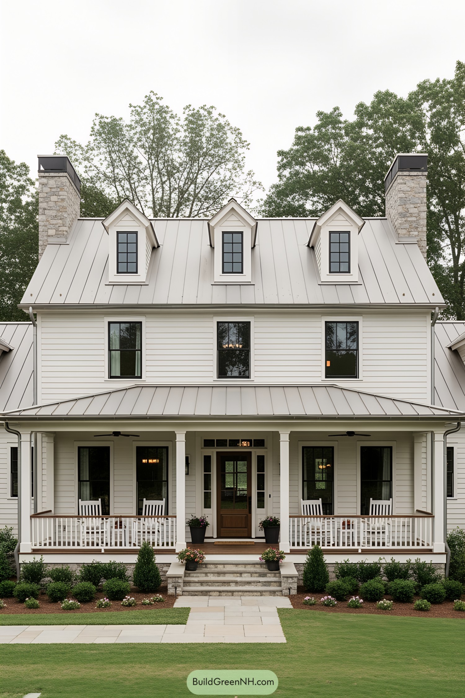 White farmhouse with lush lawn and rocking chairs