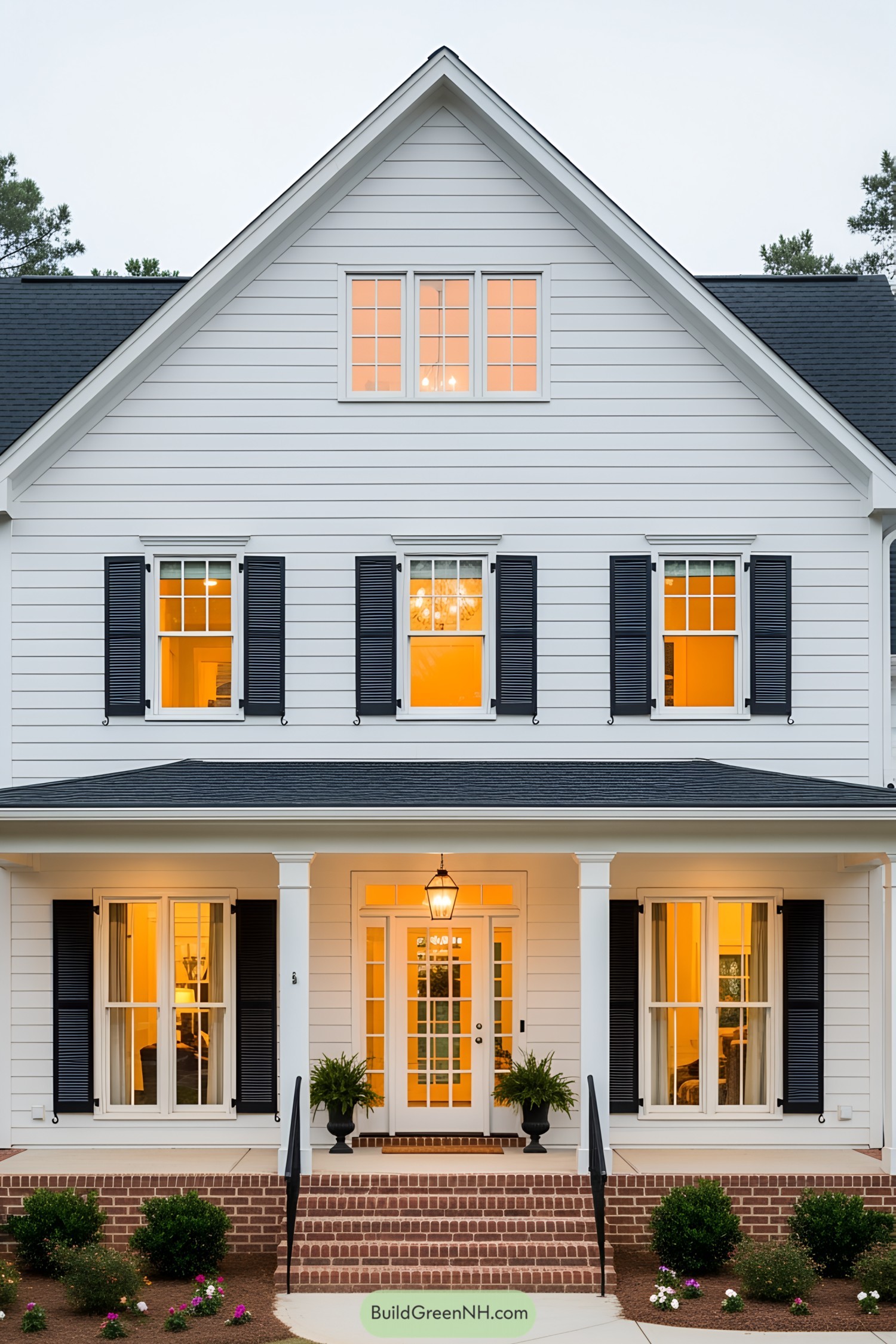 White farmhouse with black shutters and glowing windows