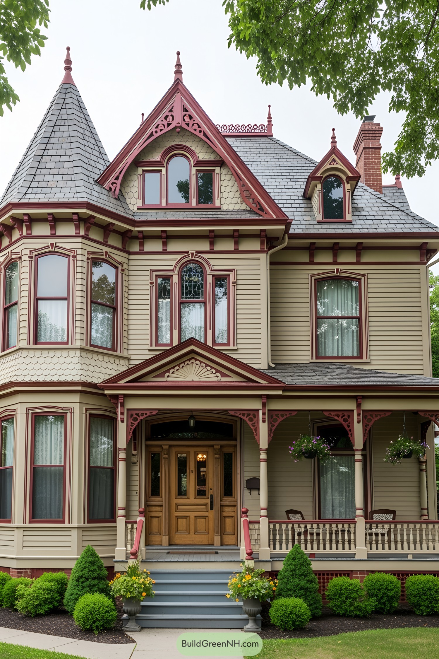 Victorian house with a grand turret, porch, and ornate woodwork