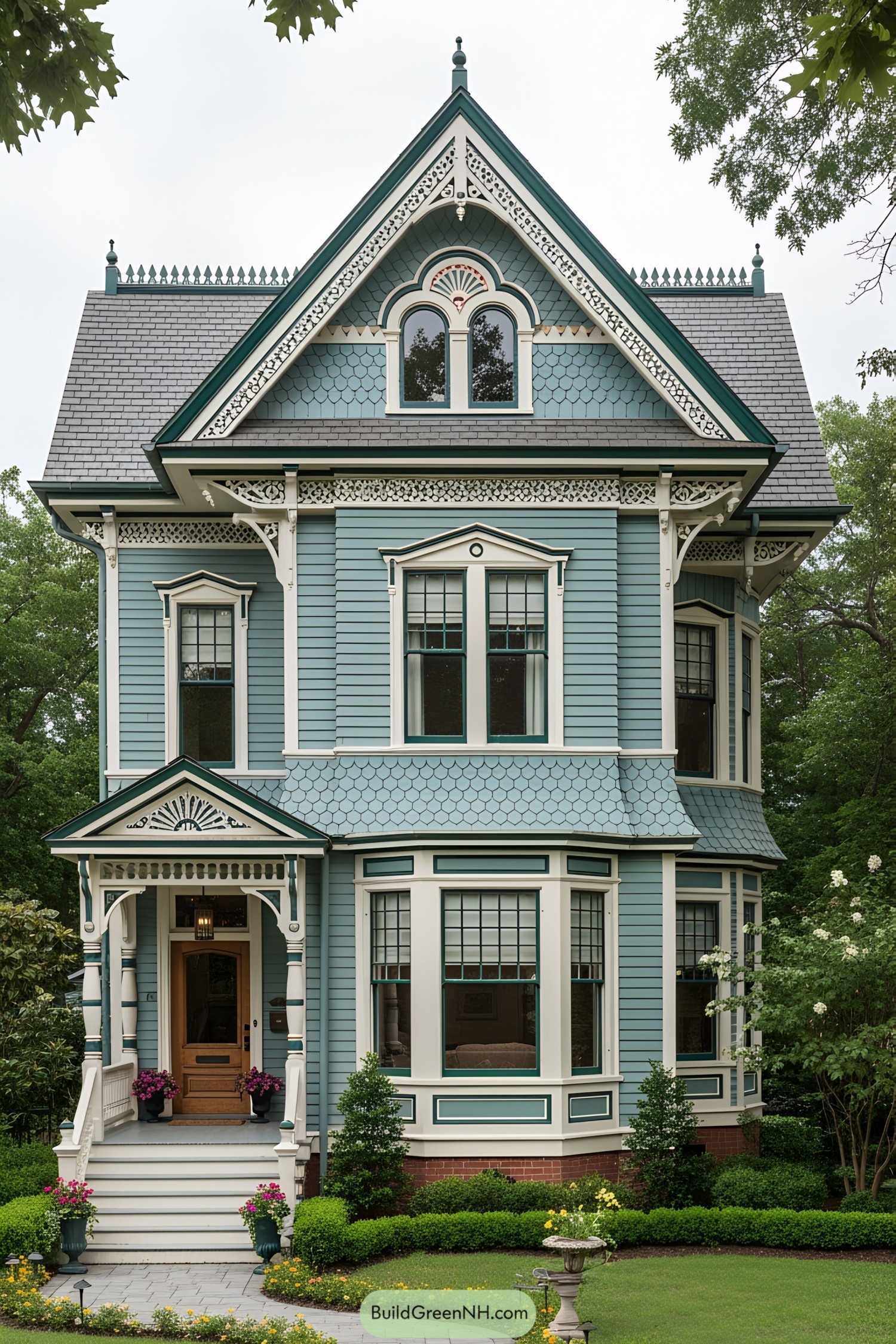 Charming blue Victorian house with intricate detailing
