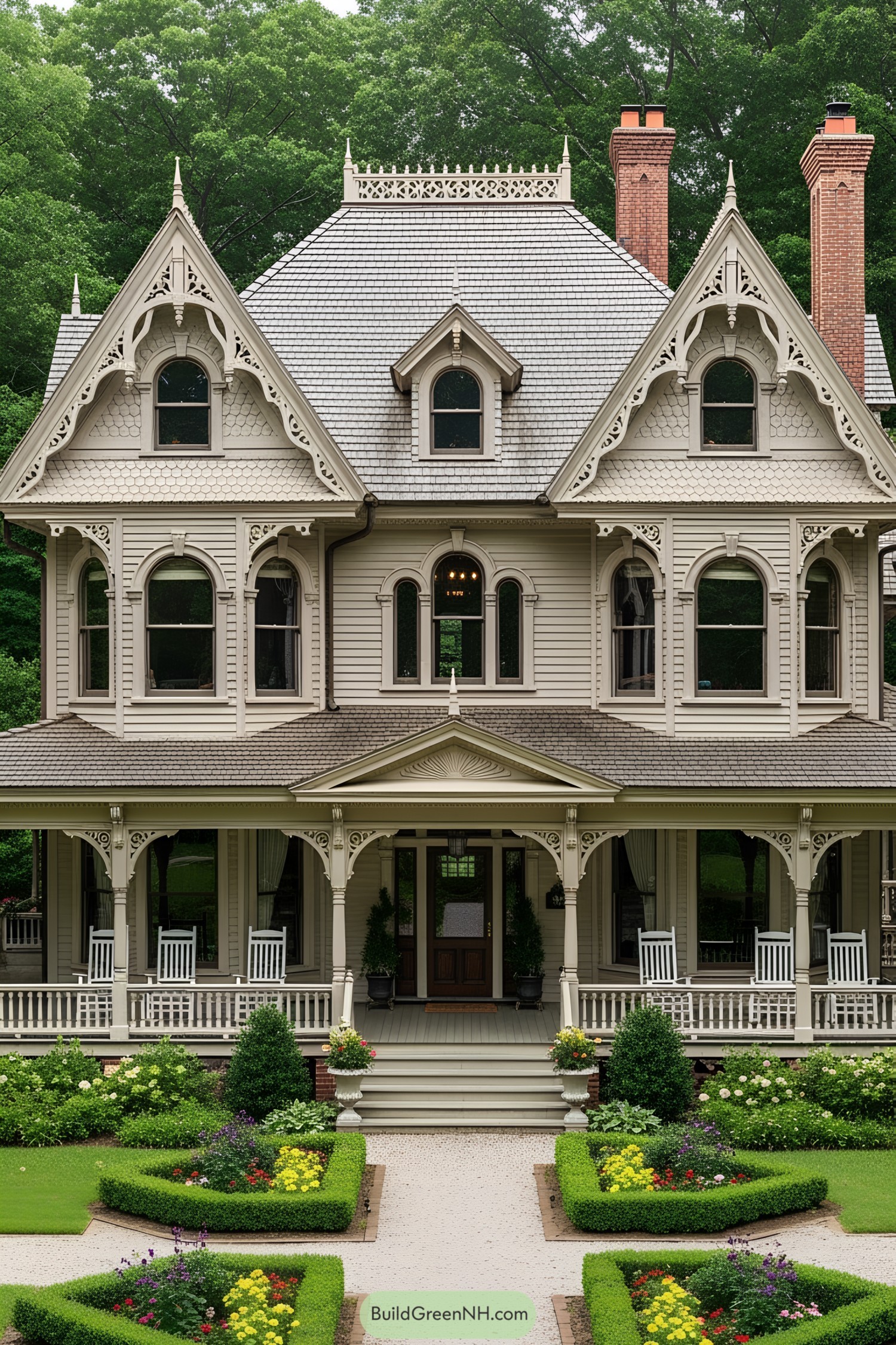 Victorian house with ornate detailing and lush gardens