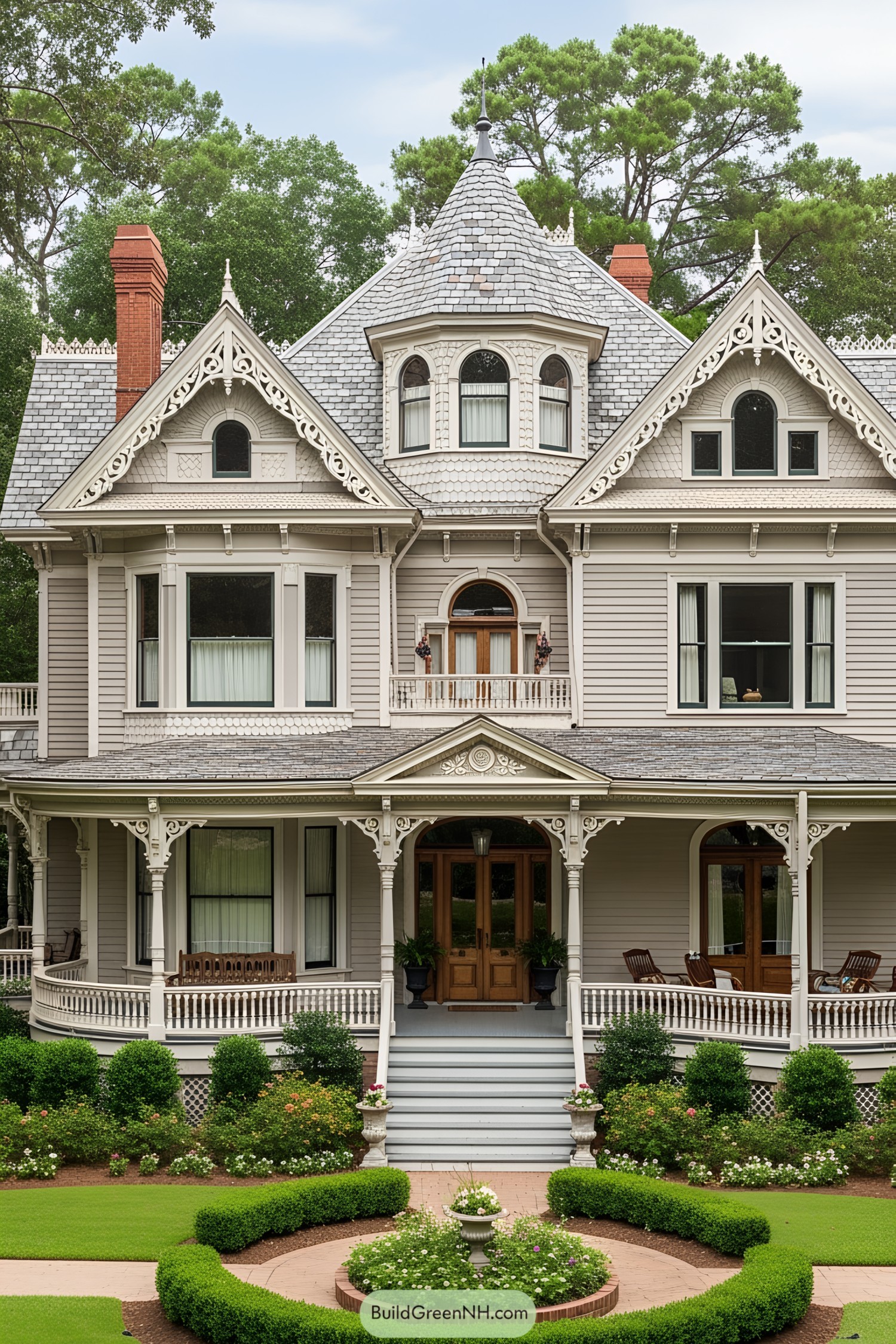 Victorian house with ornate details and lush greenery
