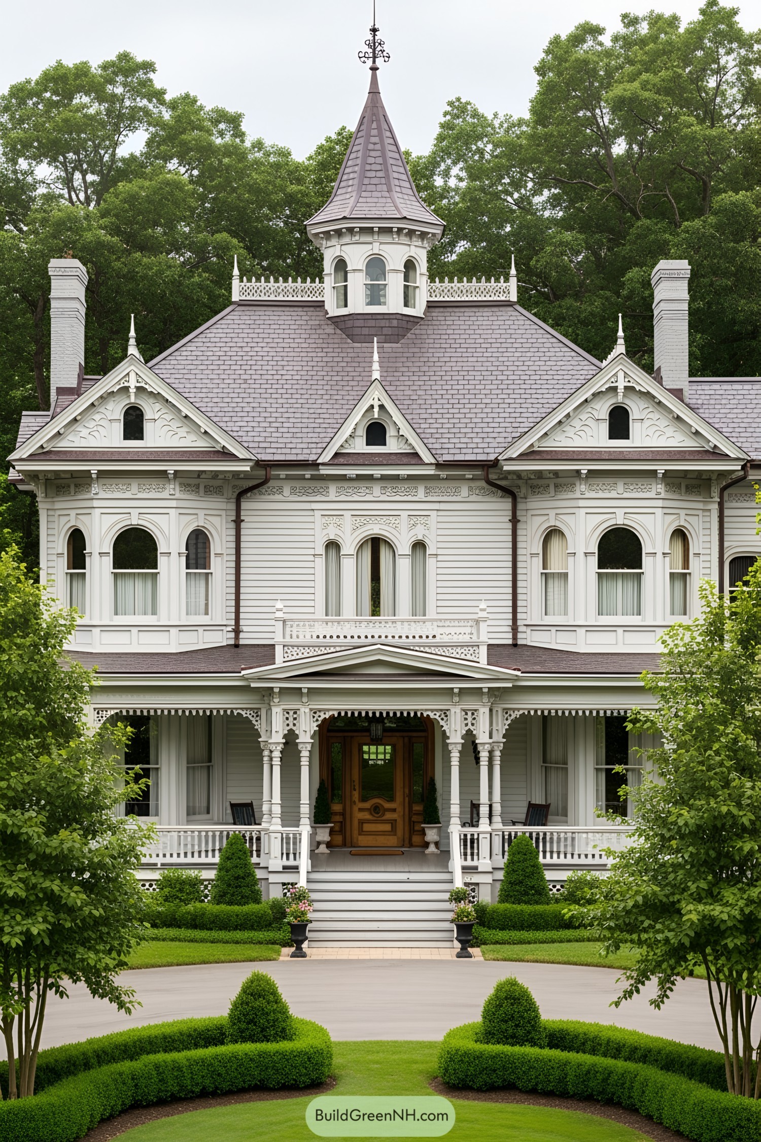 Elegant Victorian house with a turret and wraparound porch