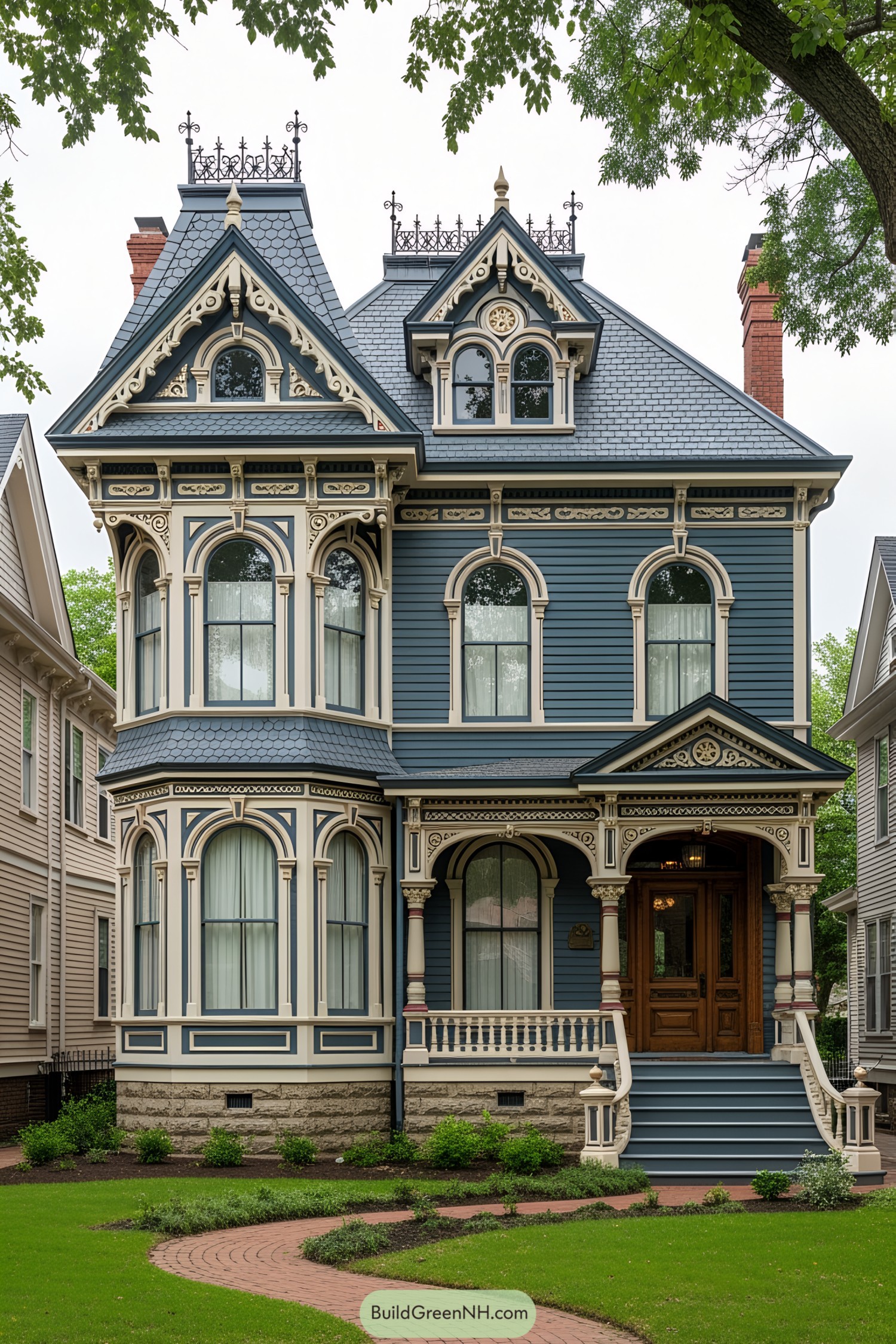 Blue Victorian house with ornate details and tall windows