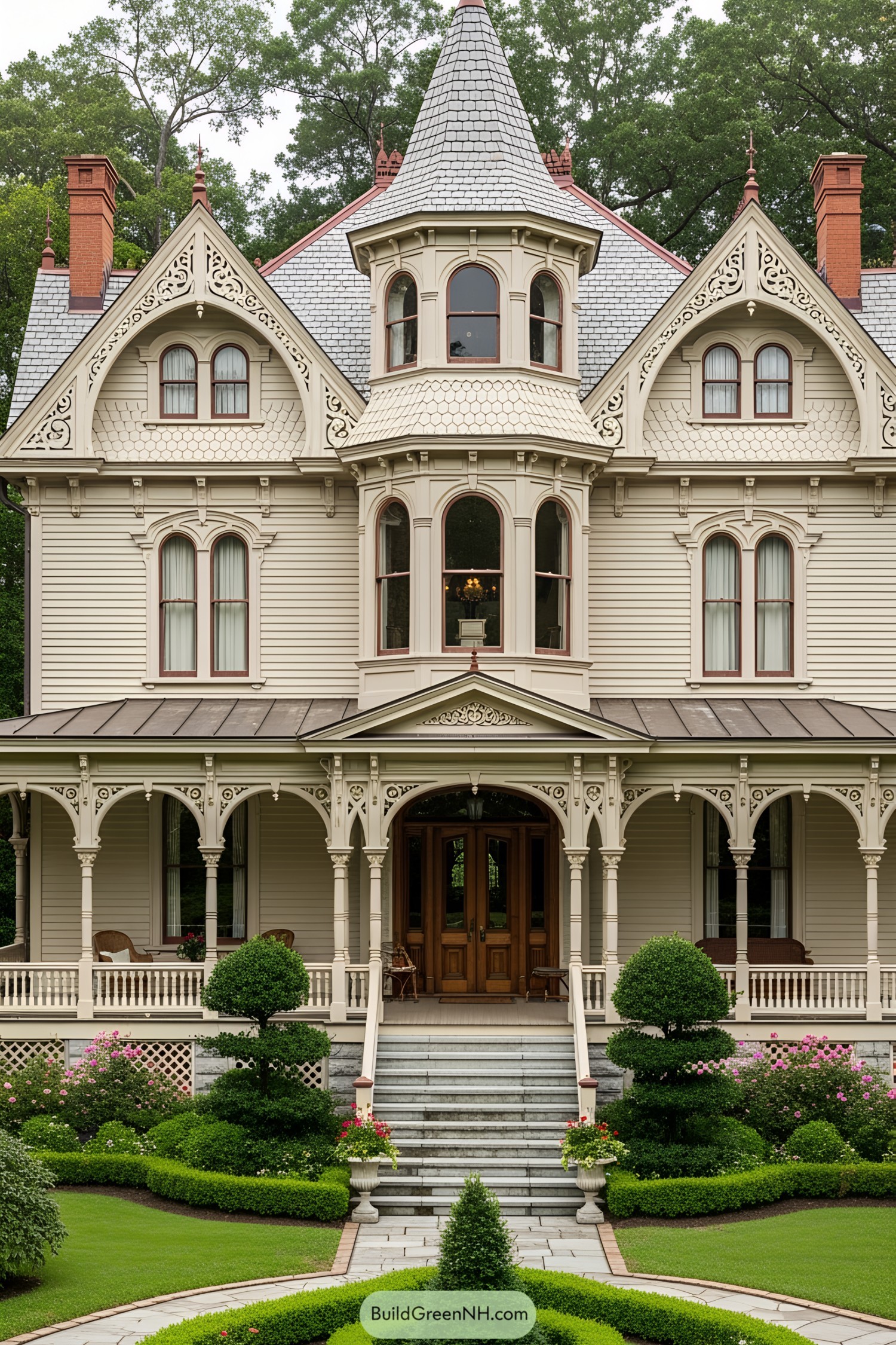 Ornate Victorian house with intricate details and lush garden