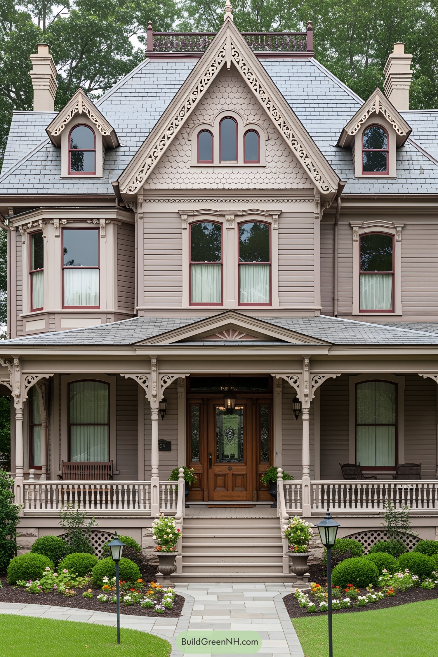 Ornate Victorian house with detailed gables and charming porch