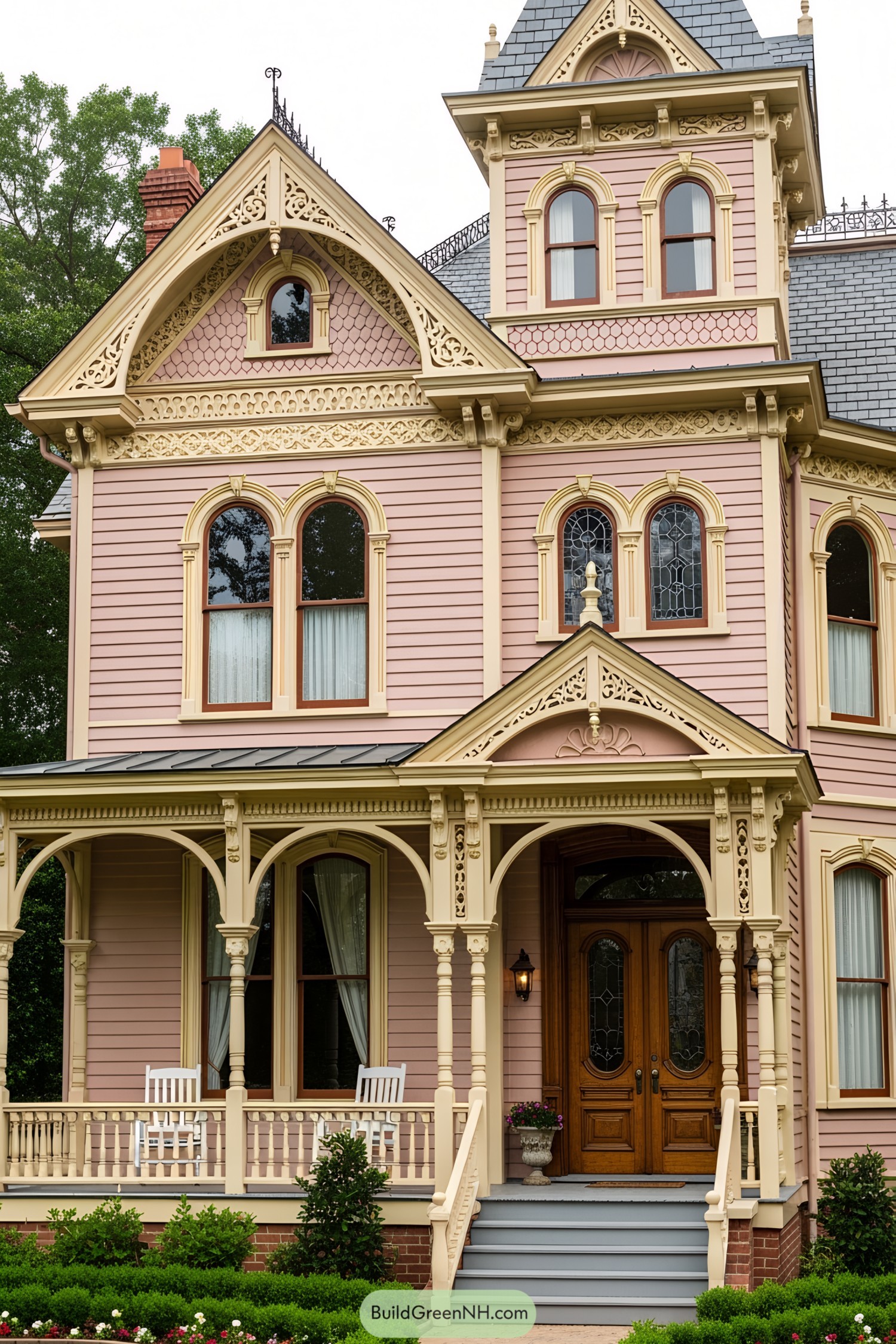 Charming pink Victorian house with intricate details and a cozy porch