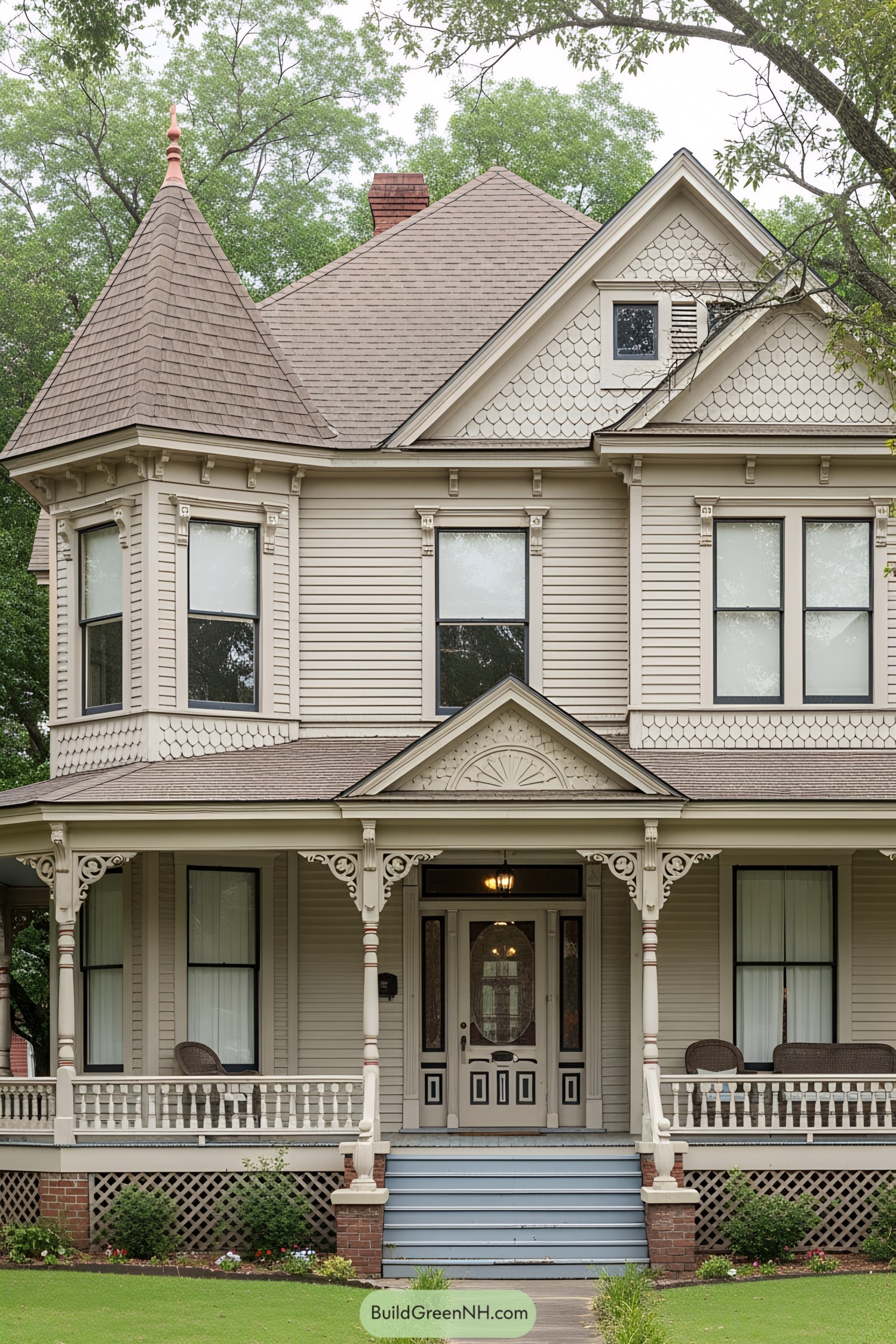 Grand Victorian house with a turret and ornate porch