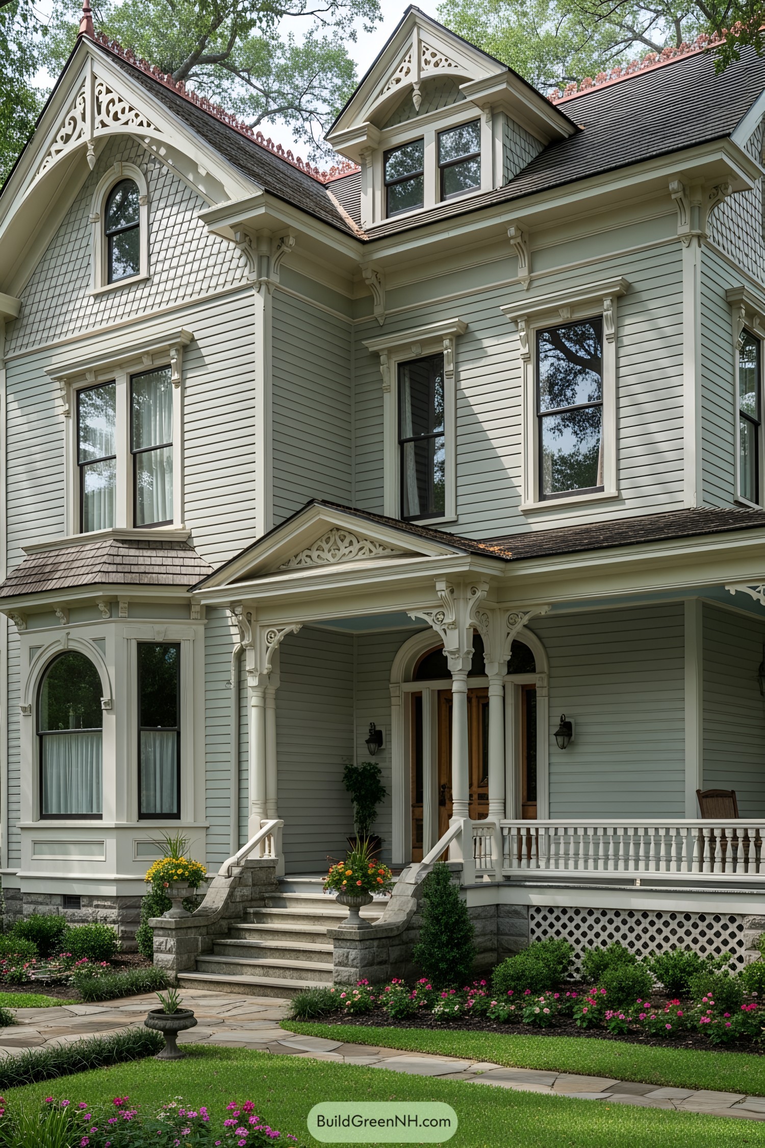 Elegant Victorian house with ornate gables and porch