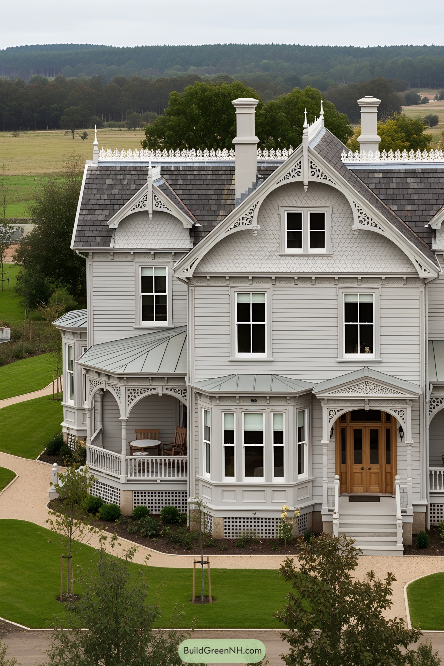 A Victorian house with ornate details and lush surroundings