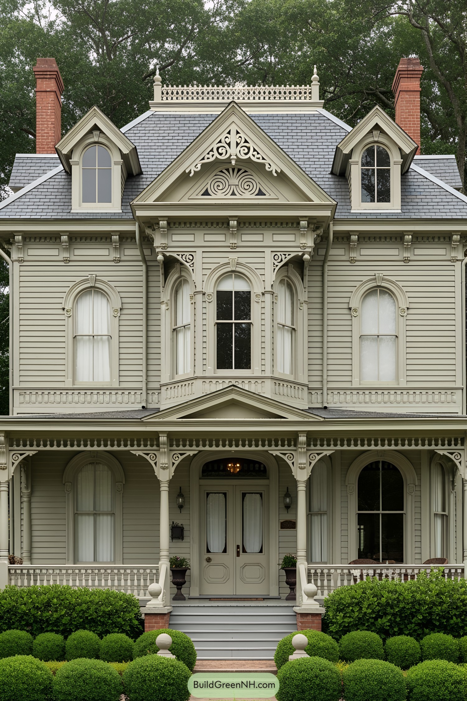 Classic Victorian house with intricate details and lush greenery
