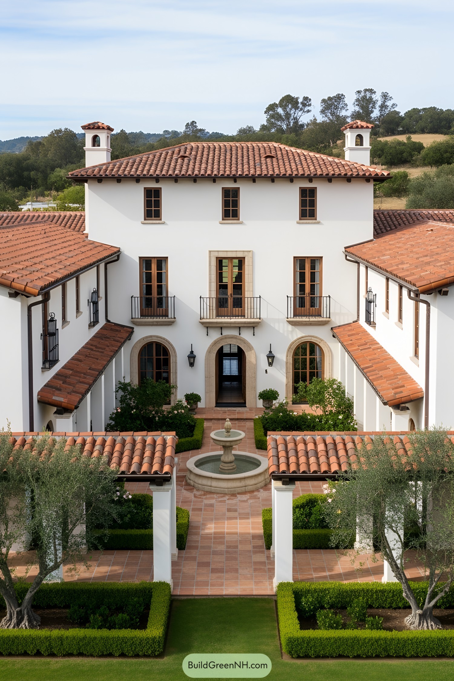 Traditional Spanish ranch house with terra-cotta roof and central fountain