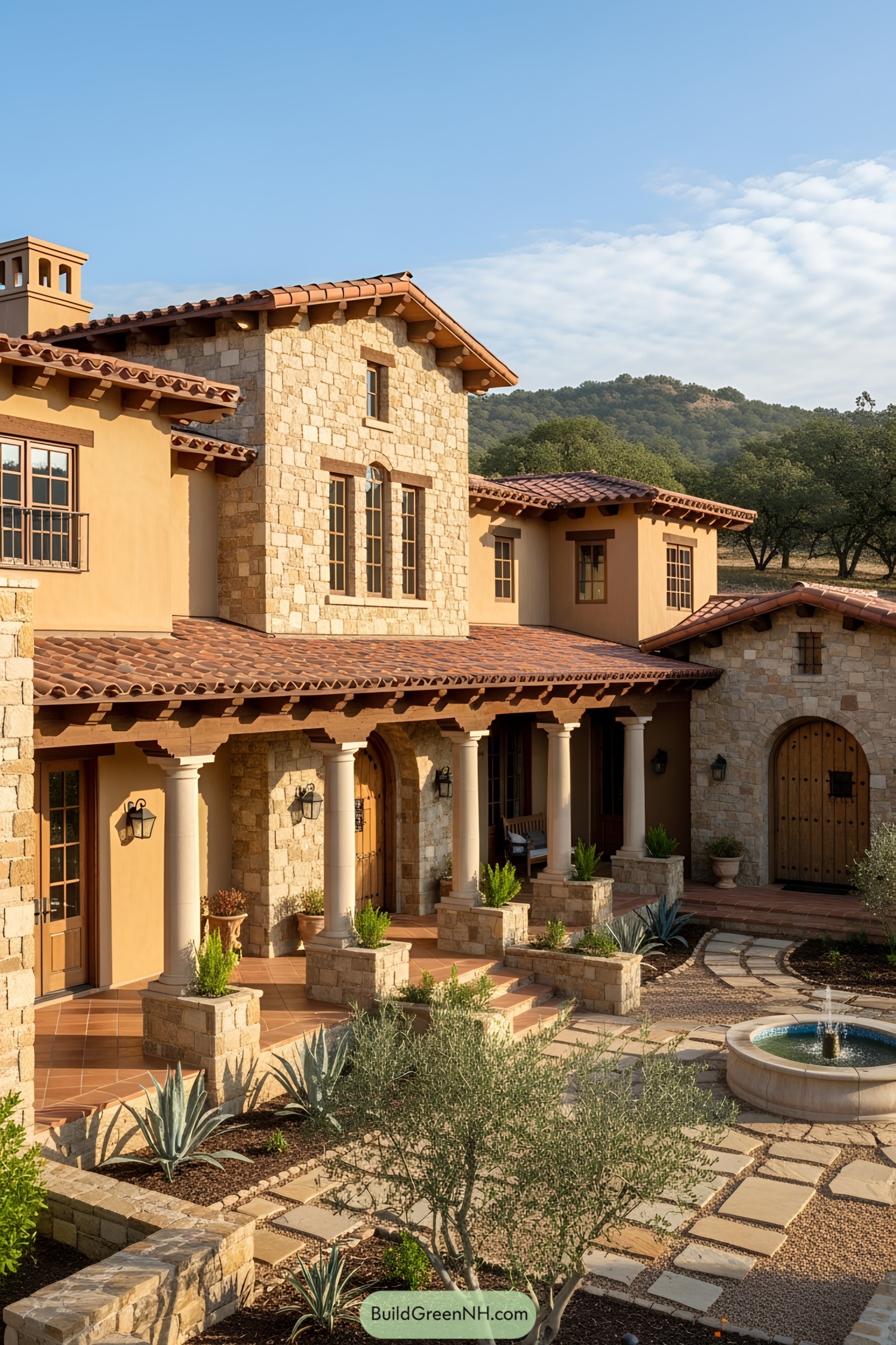 Elegant Spanish ranch house with stone and stucco exterior